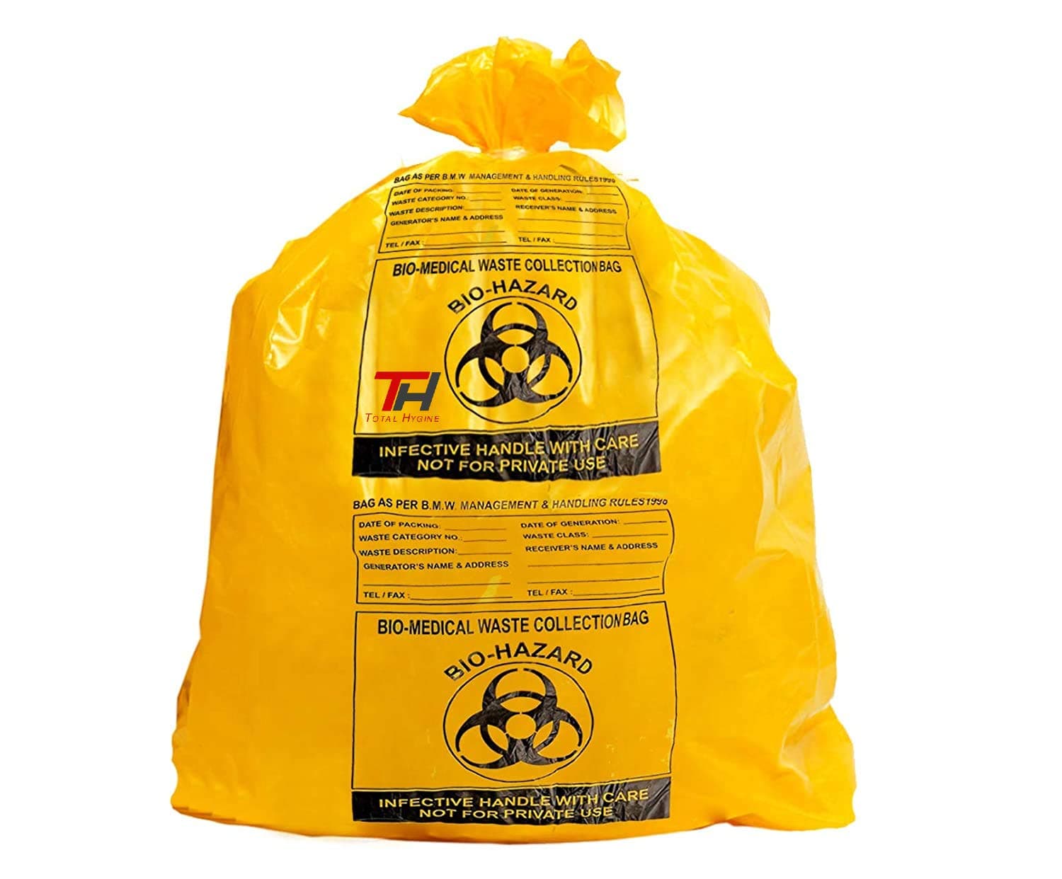 TOTAL HYGIENE Printed Bio Hazard/Bio Medical Waste Collection Bag Virgin Garbage Bag Pack of 100 (Yellow, 19X21) -100 Pieces