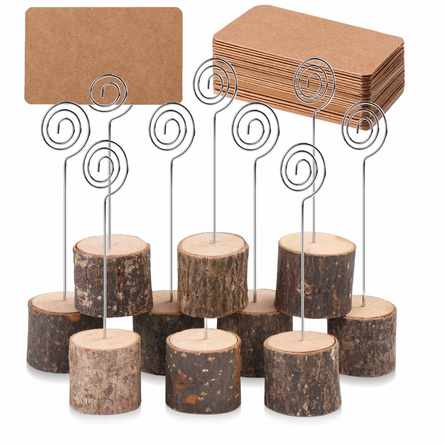 10Pcs Premium Wood Place Card Holders with Swirl Wire and 20 Pcs Kraft Place Cards, Rustic Wood Table Number Holders Stands, Name Cards Photo Holders for Wedding Party Sign Food Cards Label