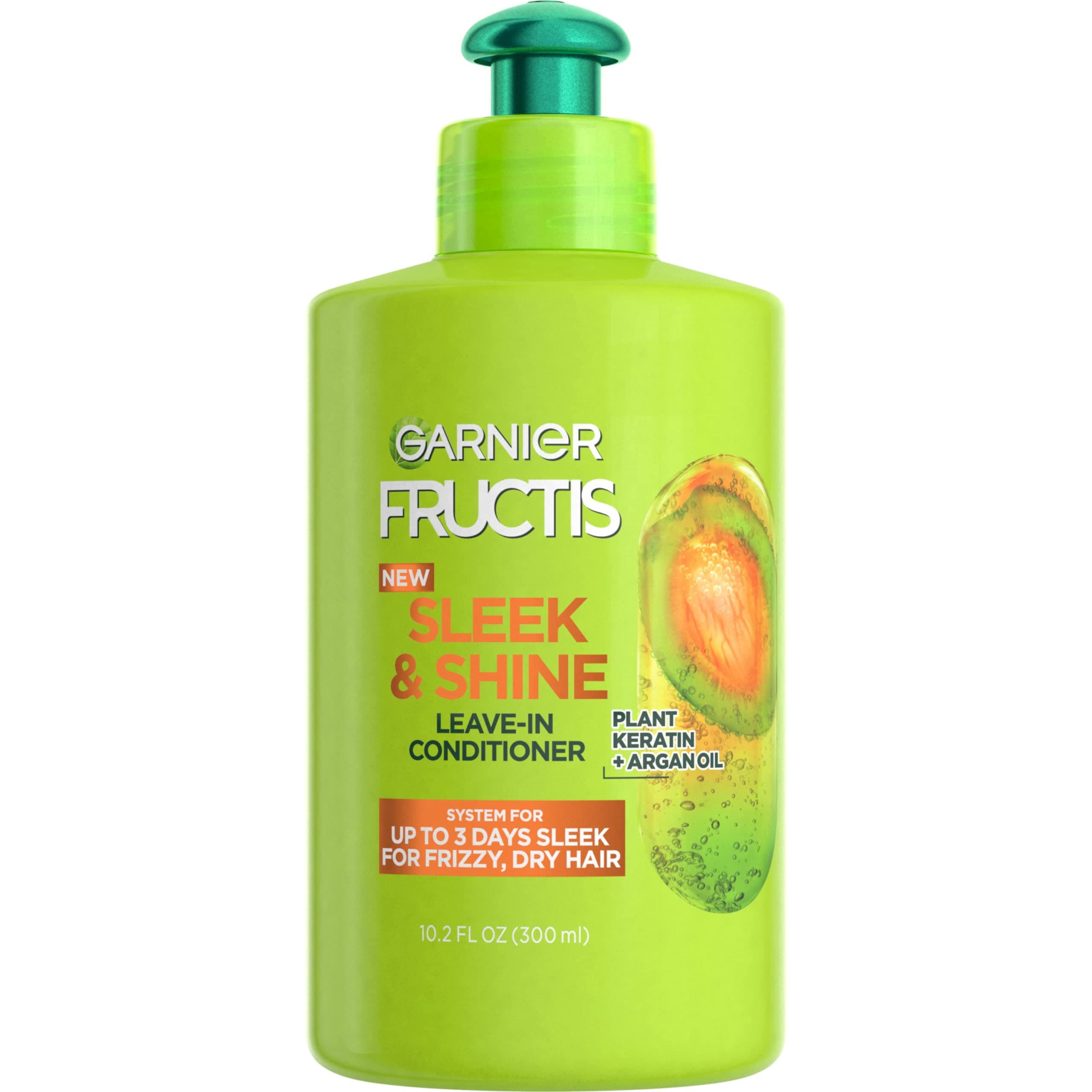 Fructis Sleek & Shine Leave-In Conditioning Cream for Frizzy, Dry Hair, Plant Keratin + Argan Oil, 10.2 Fl Oz, 1 Count (Packaging May Vary)