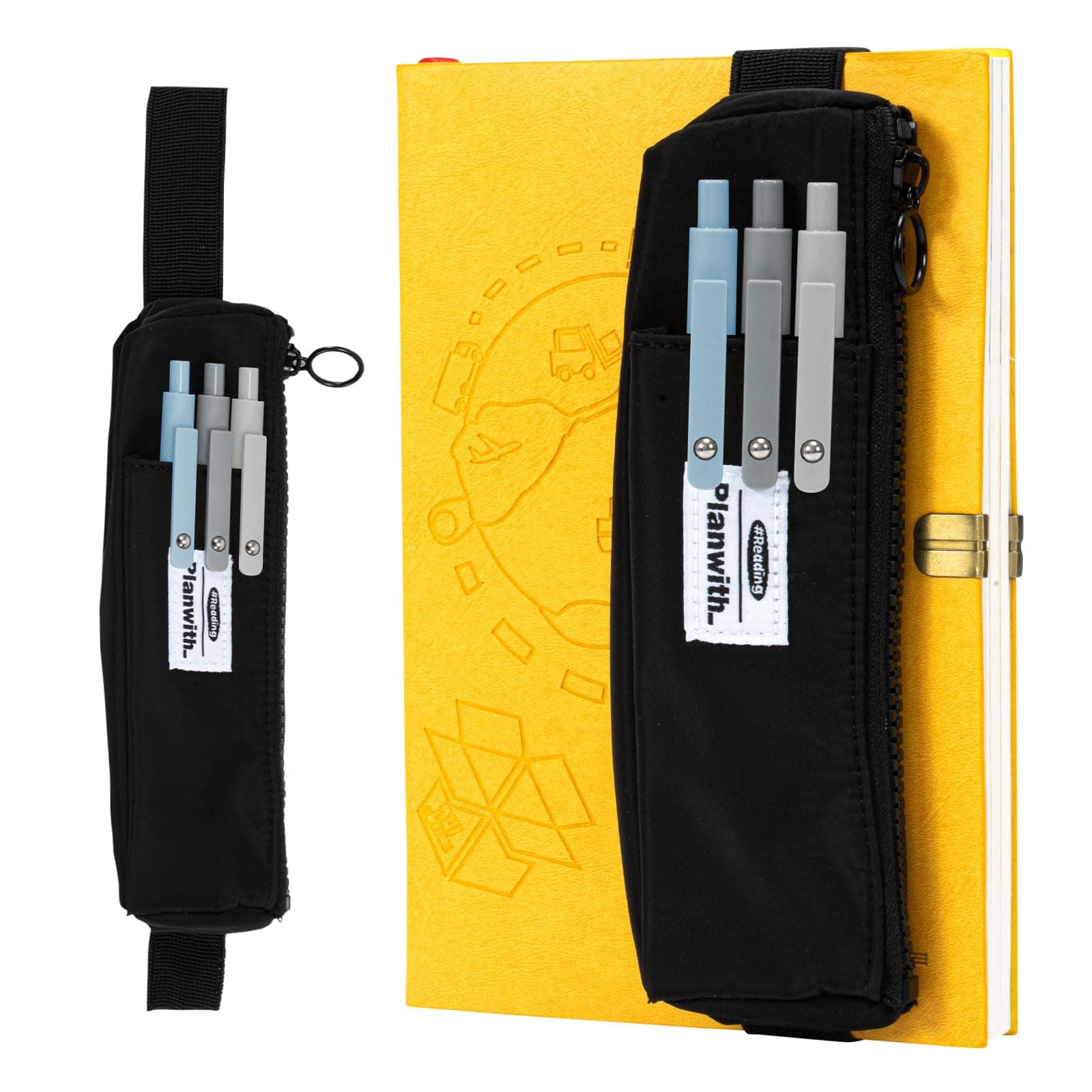 Kunoli Small Pencil Case, Pen Holder for Notebook, Pen Case Slim Pencil Case with Adjustable Elastic Band, Pencil Pouch Zipper Bag Makeup Bag for Girls Boys Office School Stationary Supplies, Black,