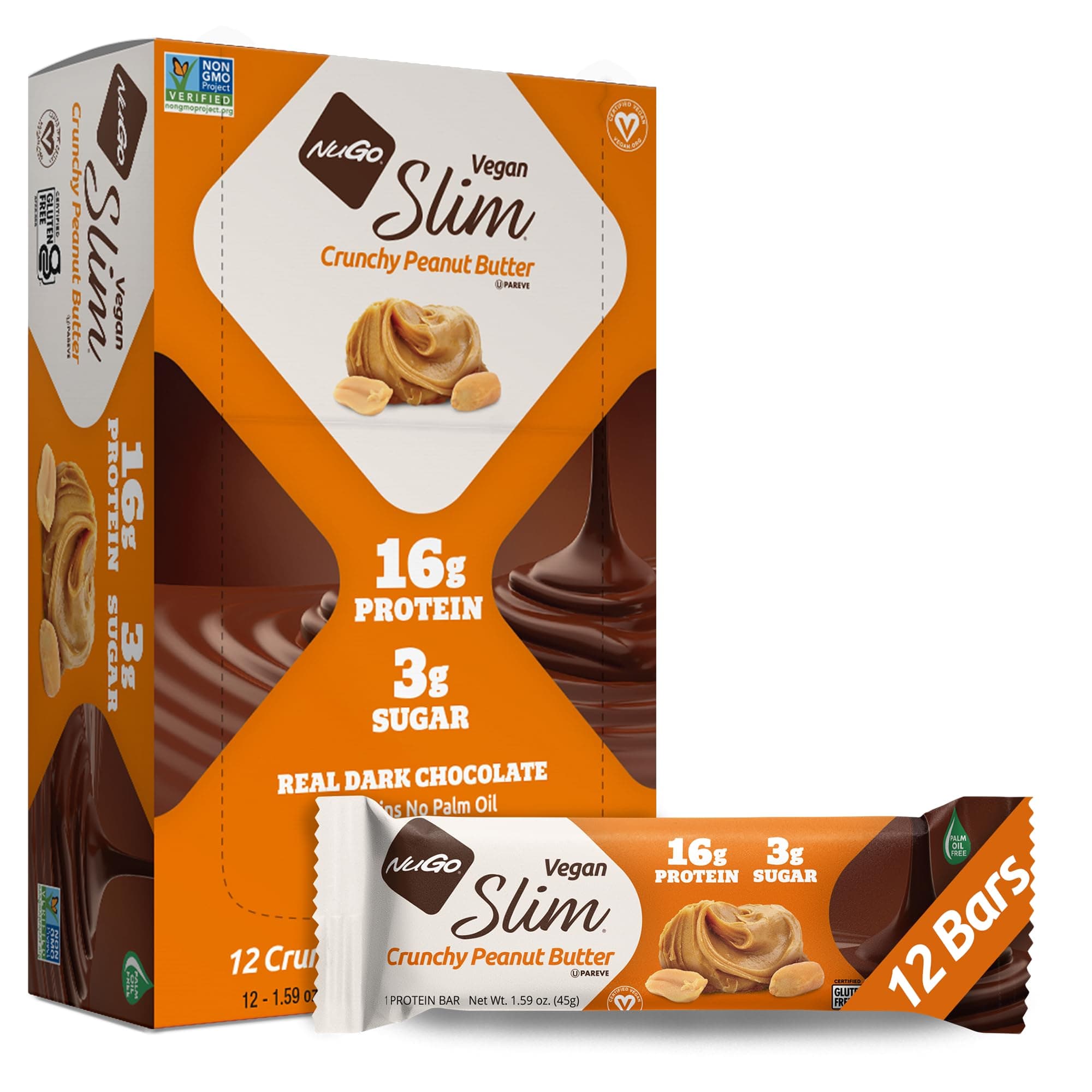 NuGo Slim Dark Chocolate Crunchy Peanut Butter, 17g Vegan Protein, 3g Sugar, 7g Fiber, Low Net Carb, Keto Friendly, Gluten Free, 12 Count