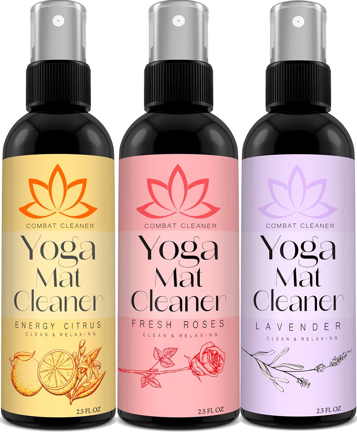 Yoga Mat Cleaner Spray Kit (Pack of 3) Includes a Microfiber Towel, Restores and Refreshes Yoga Mats (Lavender, Fresh Roses, Energy Citrus)