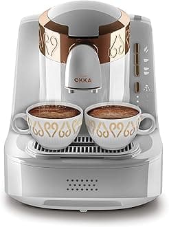 OKKA Automatic Turkish Coffee Machine with Patented Foam Technology | Auto-Altitude Detection, Slow Brew (4-Min), 2-Cup, White/Copper. 1 Year Manufacturing Warranty
