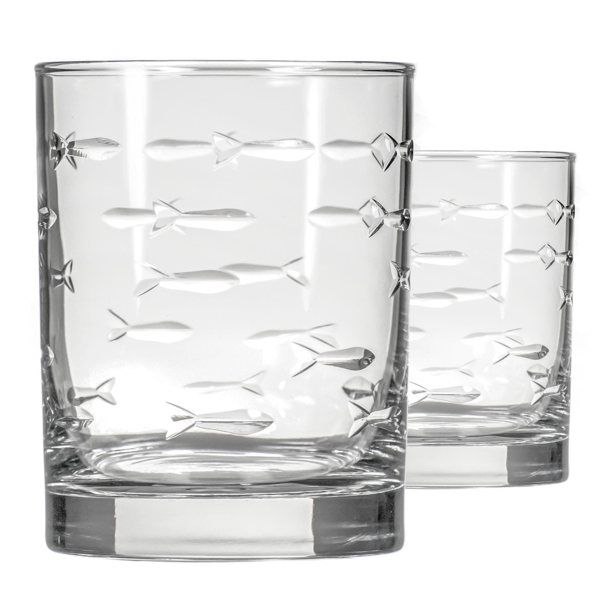 School of Fish 13 oz Double Old Fashioned Whiskey Cocktail Glass | Set of 2 | Engraved Lead-free Tumbler Glasses | Made in the US