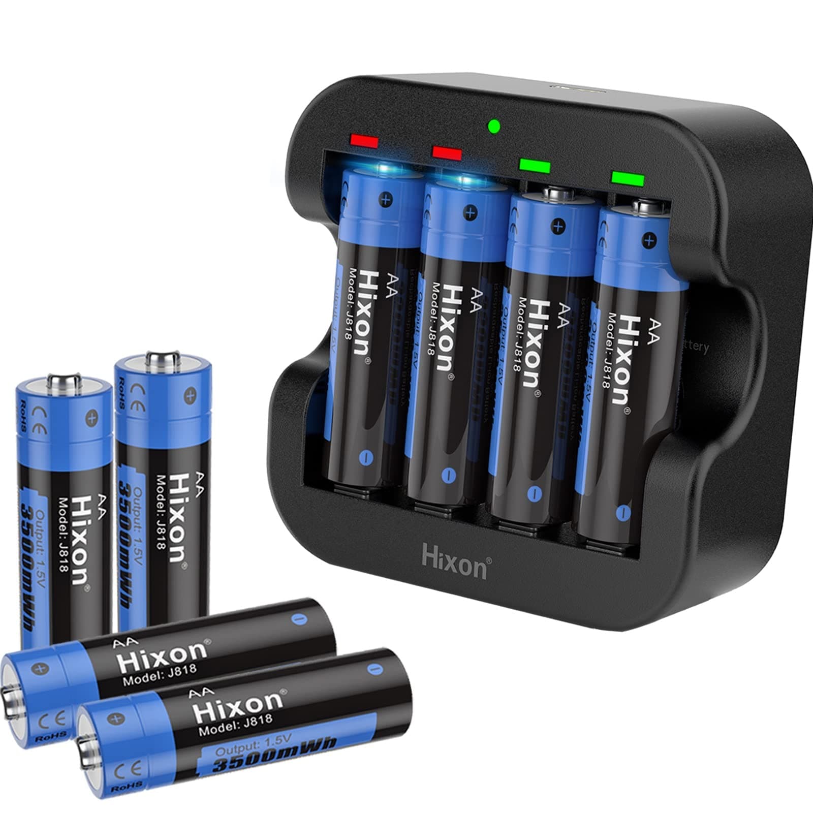 - Hixon Rechargeable Lithium Batteries AA 3500mWh High-Capacity,Constant 1.5V Rechargeable Double A,1600 Cycle AA Li-ion Battery,Max 3A Current[8AA+1Charger]