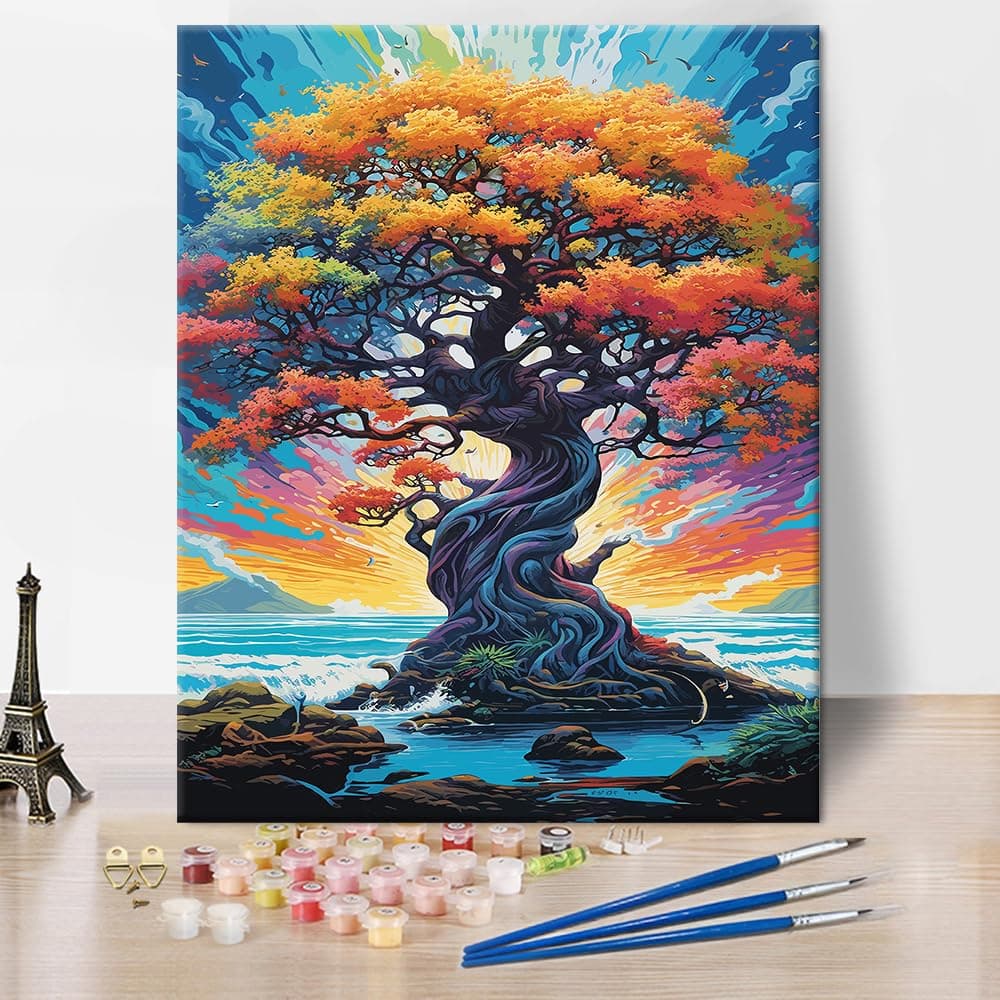 TISHIRON Majestic Tree of Life Paint by Numbers or Adults Kids Beginner Colorful Paint and Waves Oil Painting on Canvas Wall Decor Canvas Painting for Home Living Room Decor16x20 inches Without Frame