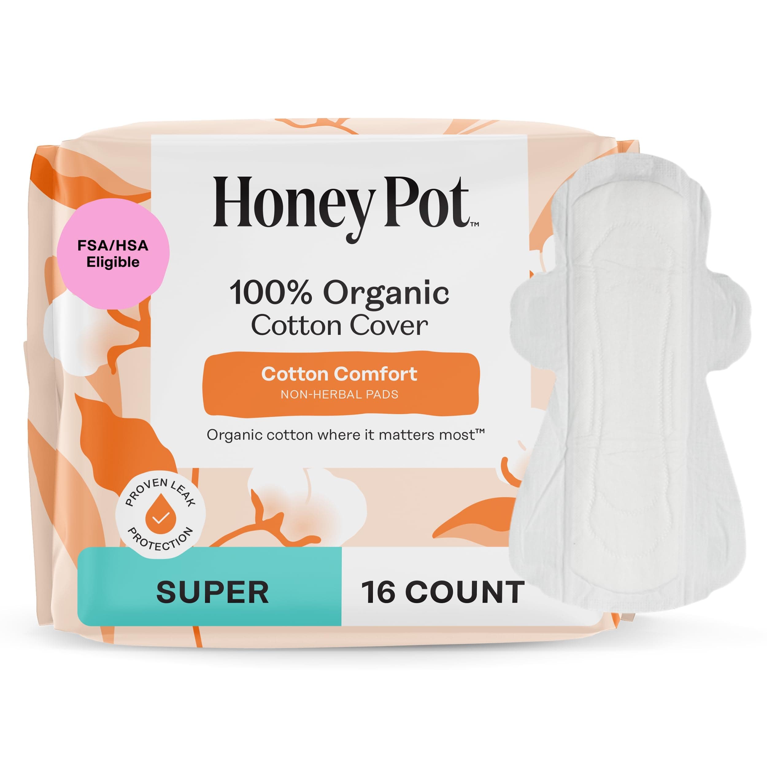 The Honey Pot Company, Non-Herbal Pads with Wings, Organic Super, 16 Count