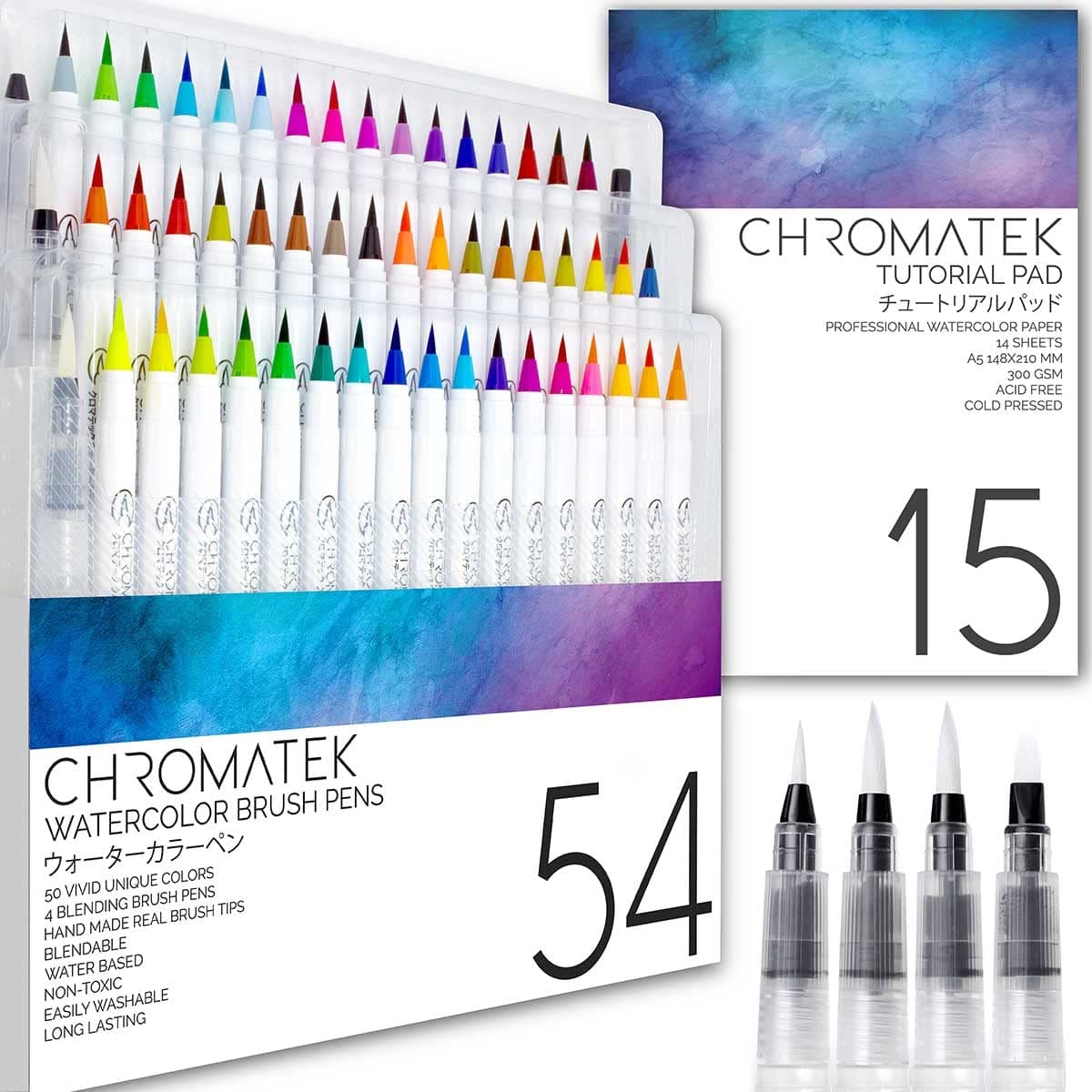CHROMATEK 54 Watercolor Pens Set | Including 15 Page Pad & Online Video Tutorial Series | 4 Aquapens & 50 Unique Colors | Brush Pens | Easily Blendable, Vivid, Smooth | Professional Art Supplies