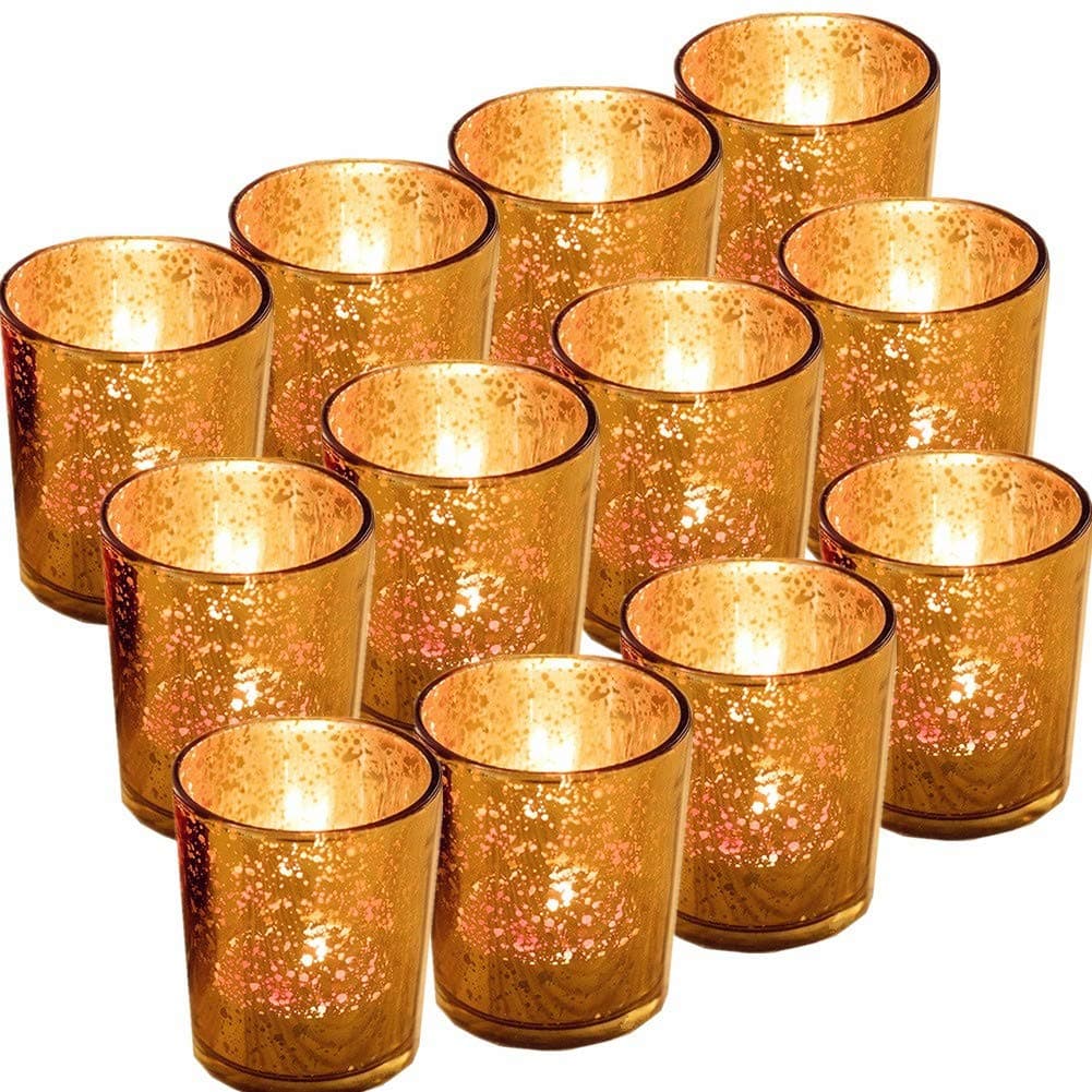 12 Pack Speckled Gold Votive Candle Holders,Mercury Glass Tealight Candle Holders 2.67" H for Home, Parties, and Wedding Decor(Gold)-Tea Light Candles not Included
