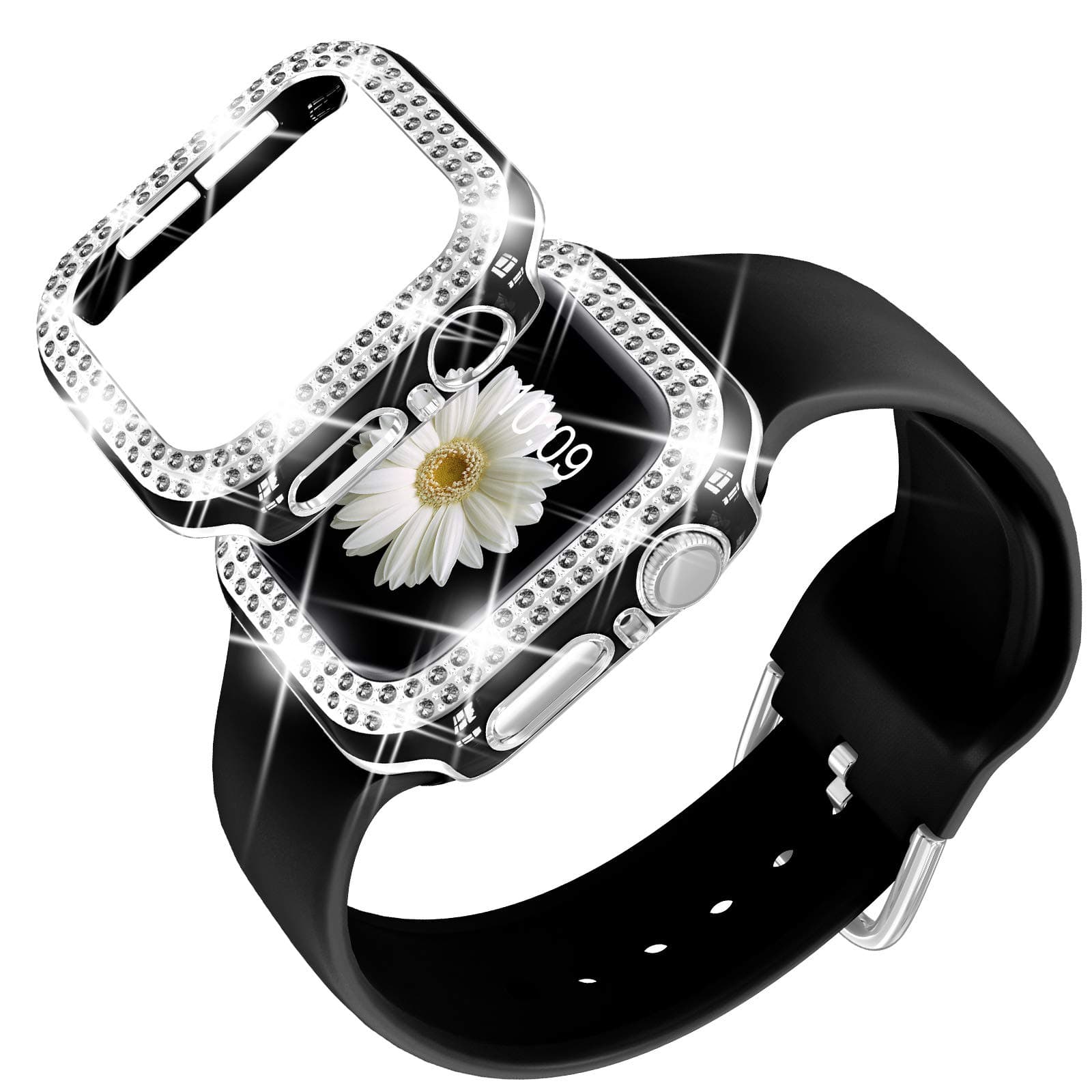 DABAOZA Compatible for Apple Watch Band with Glitter Bumper Case, Women Silicone Soft Comfortable Adjustable Strap with Buckle for iWatch SE Series 7/6/5/4/3/2/1 (Blacksilver, 44mm)