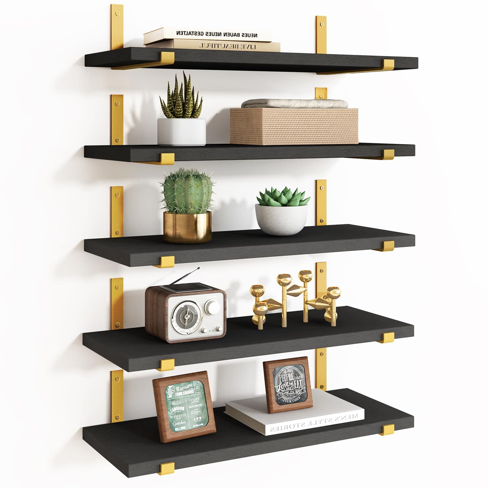 Floating Black Gold Shelves Set of 5, Width 4.7 Inches, Rustic Wood Wall Storage Shelves for Bedroom, Living Room, Kitchen, Bathroom, Home Decor, Laundry Room, Office and Plants