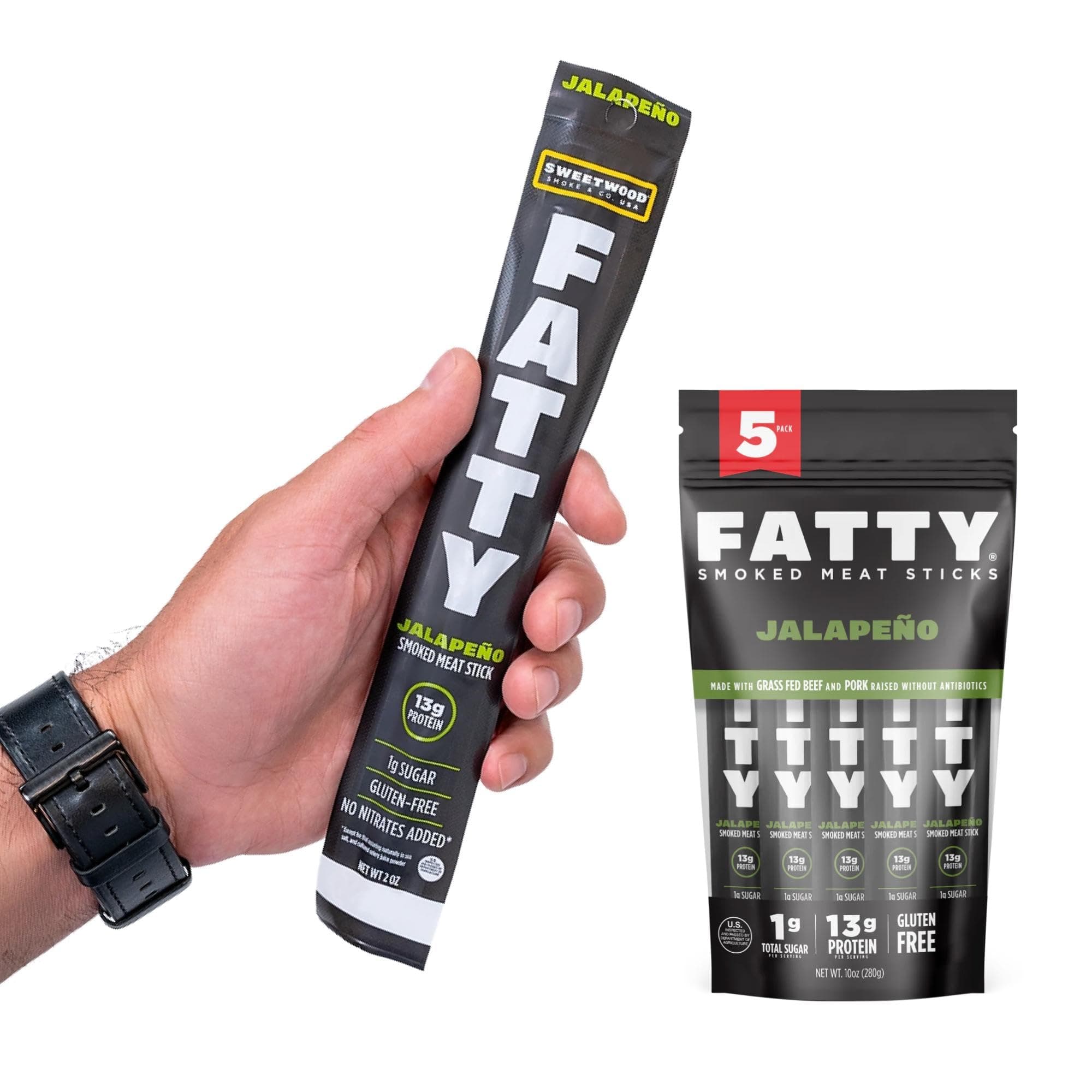 - FATTY Meat Sticks, Made with Grass Fed Beef, Pork Raised Without Antibiotics, 13g Protein Per Stick, Jalapeno, 2 oz. (Pack of 5)