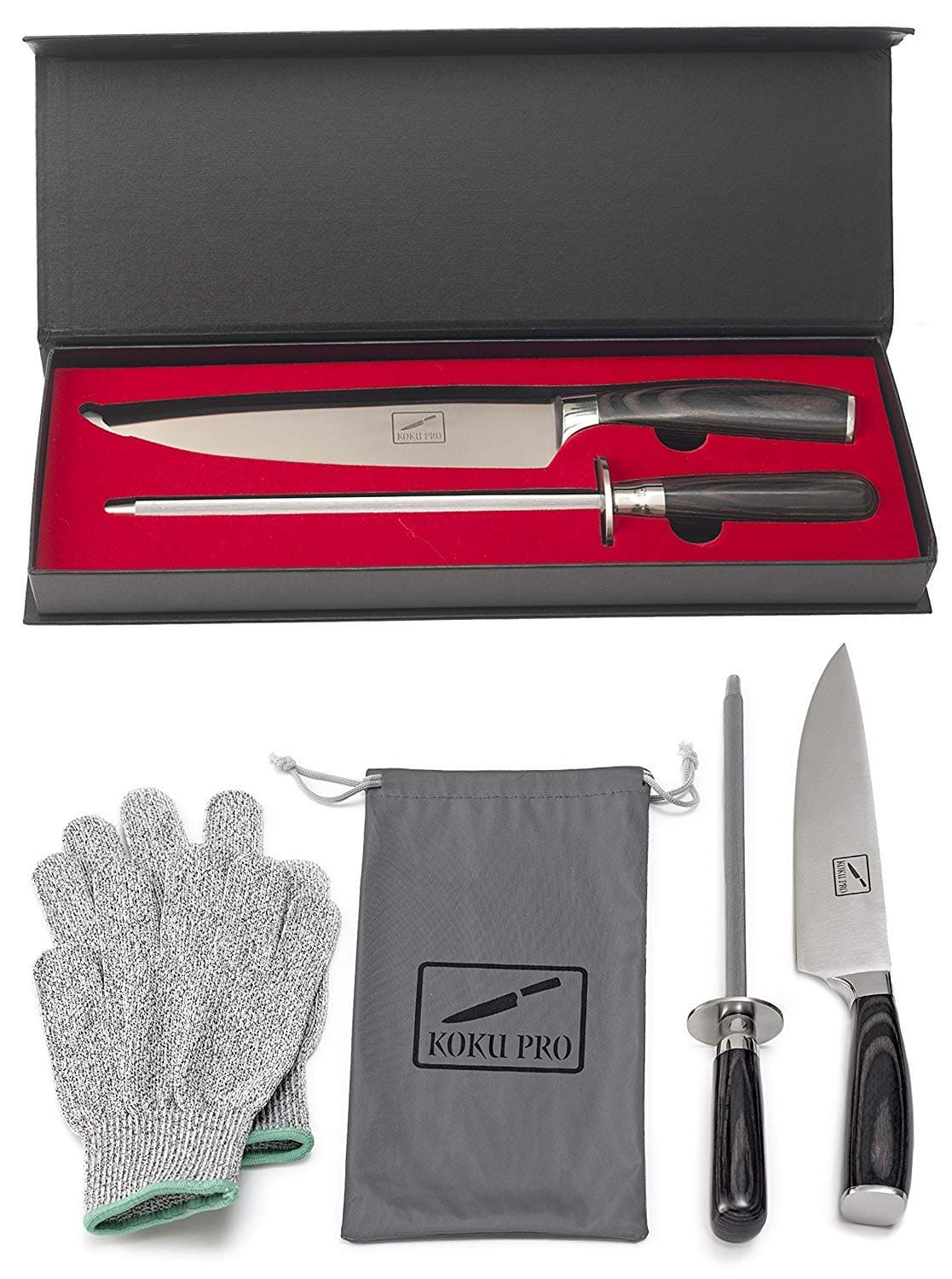 Koku Pro Japanese Knife - Super Sharp 8 Chef Knife - High Carbon Stainless Steel Kitchen Knife - Also Includes: Knife Sharpener, Pair Of Kevlar (Cut-Resistant) Gloves & Bag, Plus Storage Box