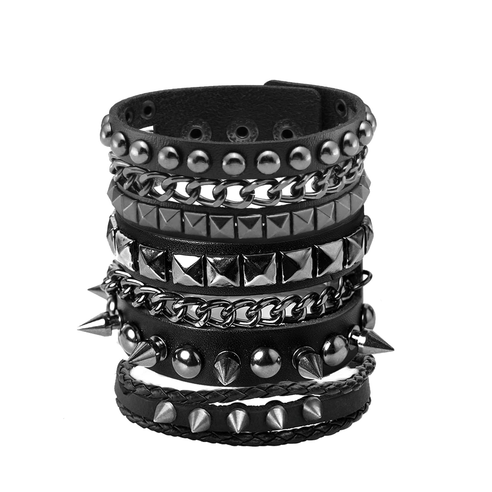 3 Pcs Black Wide Studded Spikes Studded Cool Punk Steampunk 80s Theme Retro Bracelets for Men and Women with Adjustable Buckle