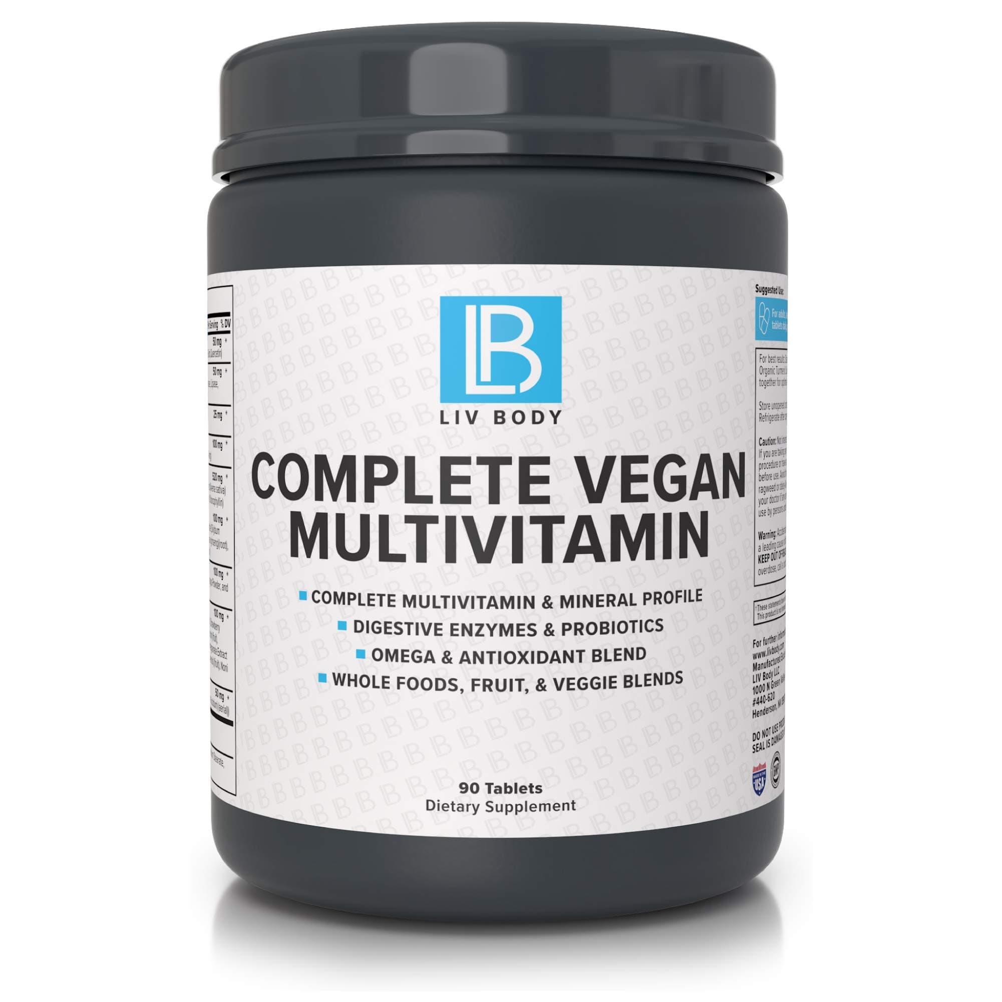 LIV Body | Complete Vegan Multivitamin | Vitamin and Mineral Profile | Added Probiotics, Greens, Antioxidants and Digestive Enzymes | 90 Veggie Capsules