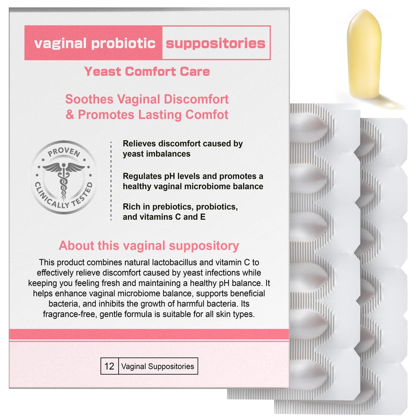 Vaginal probiotic Suppository, hyaluronic Acid Suppositories, Vaginal moisturizer, PH Balance, Restores Healthy Vaginal Odor, Yeast Comfort Care (12 Inserts)