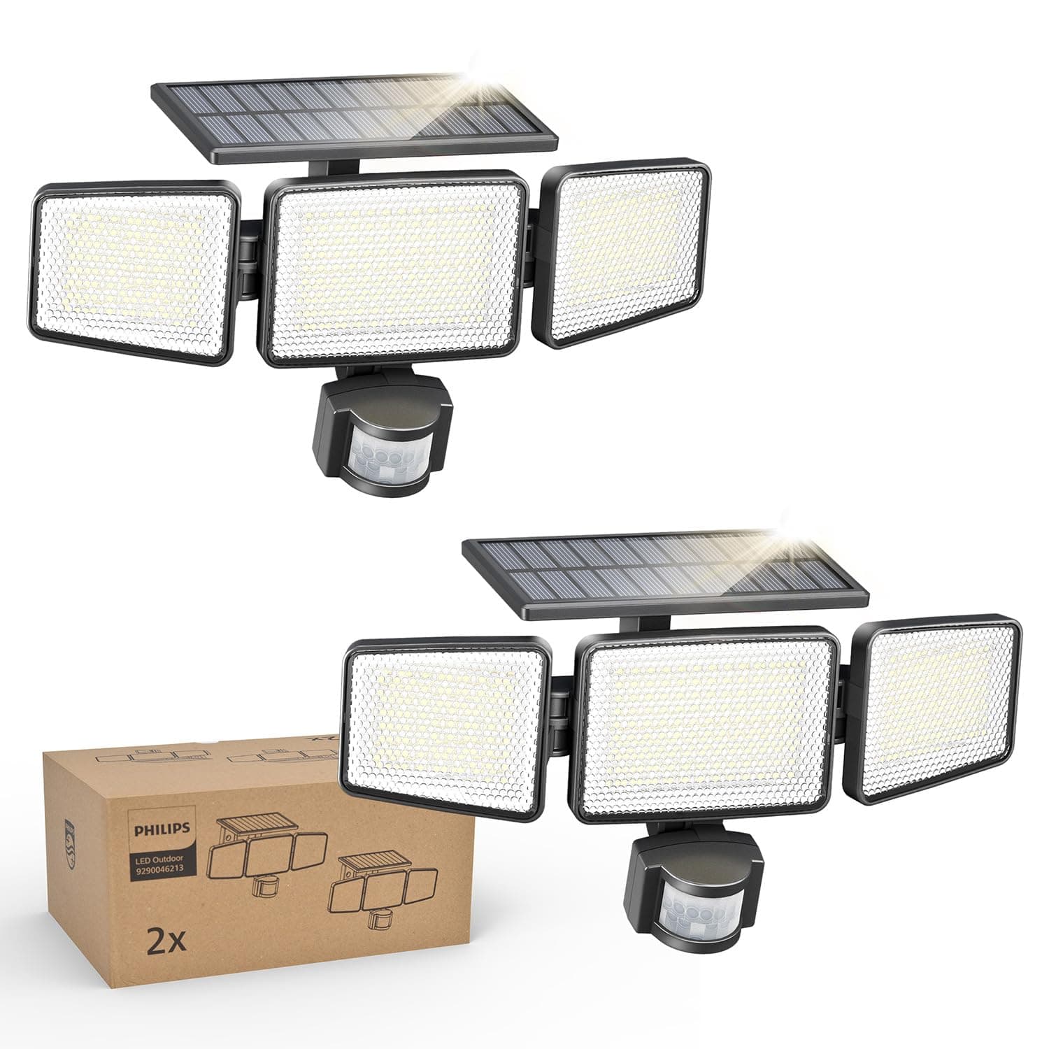 Philips Solar Security Light Outdoor 302 LED 1200lm，Solar-Powered Waterproof Wall-Mounted Flood Light w/PIR Motion Sensor, 3 Heads, IP65 Waterproof, 3 Modes (2 Packs)