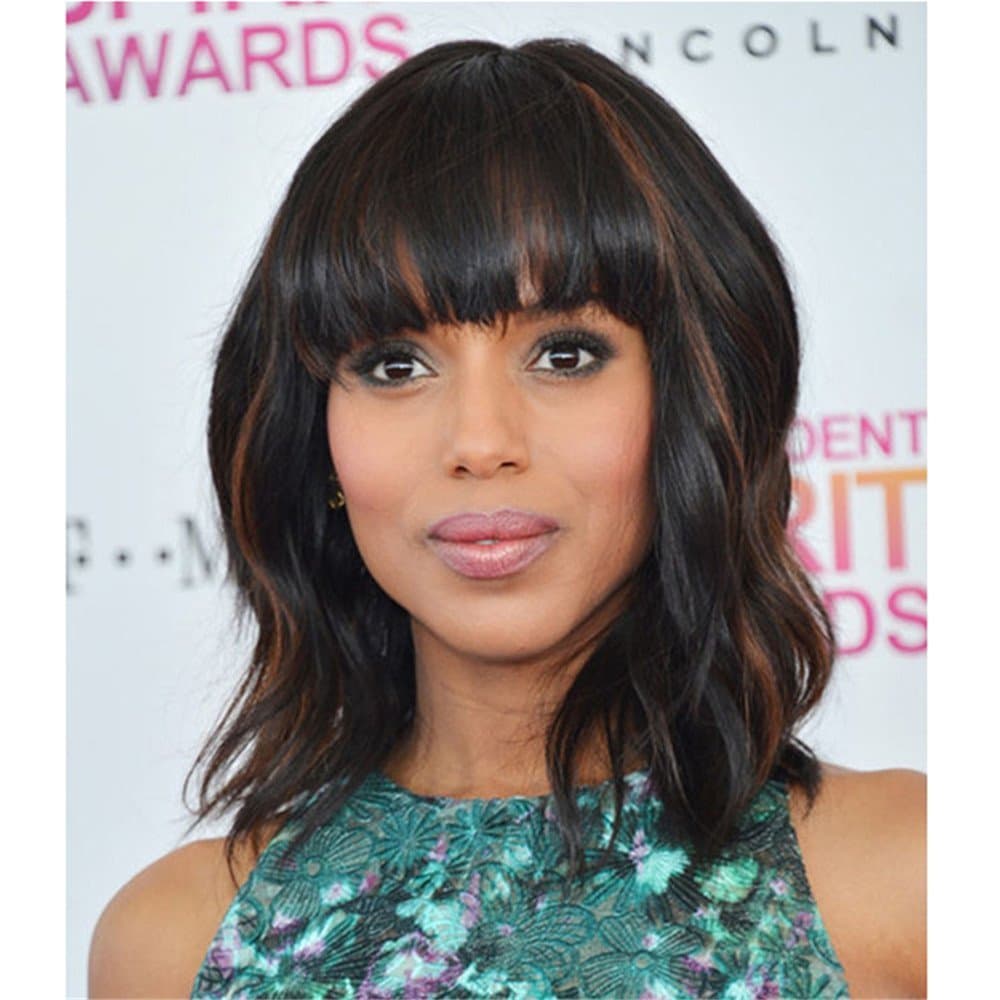 Fashion Short Wavy Wigs With Flat Bangs Natural Black Synthetic Full Wigs For Women None Lace Wigs That Look Real Heat Resistant +Free Wig Cap (Black Mix Brown)