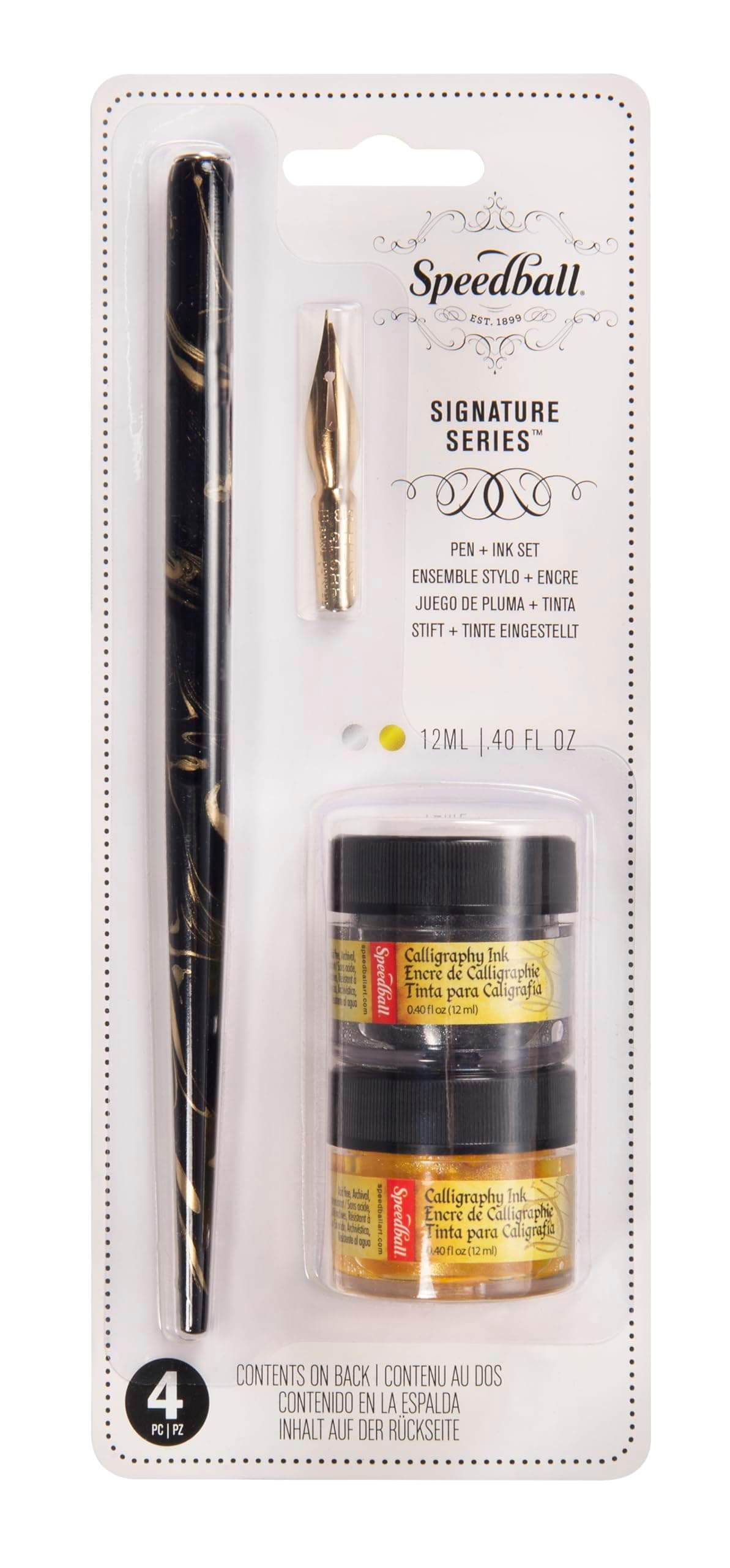 Signature Series Pen And Ink Set Gold & Black Marbleised Pen Holder, Gold & Silver Ink, Pen Cleaner, Ink Writing, Handwriting, Calligraphy, Lettering Quill, Writers, Artists, Tool, Pen Set