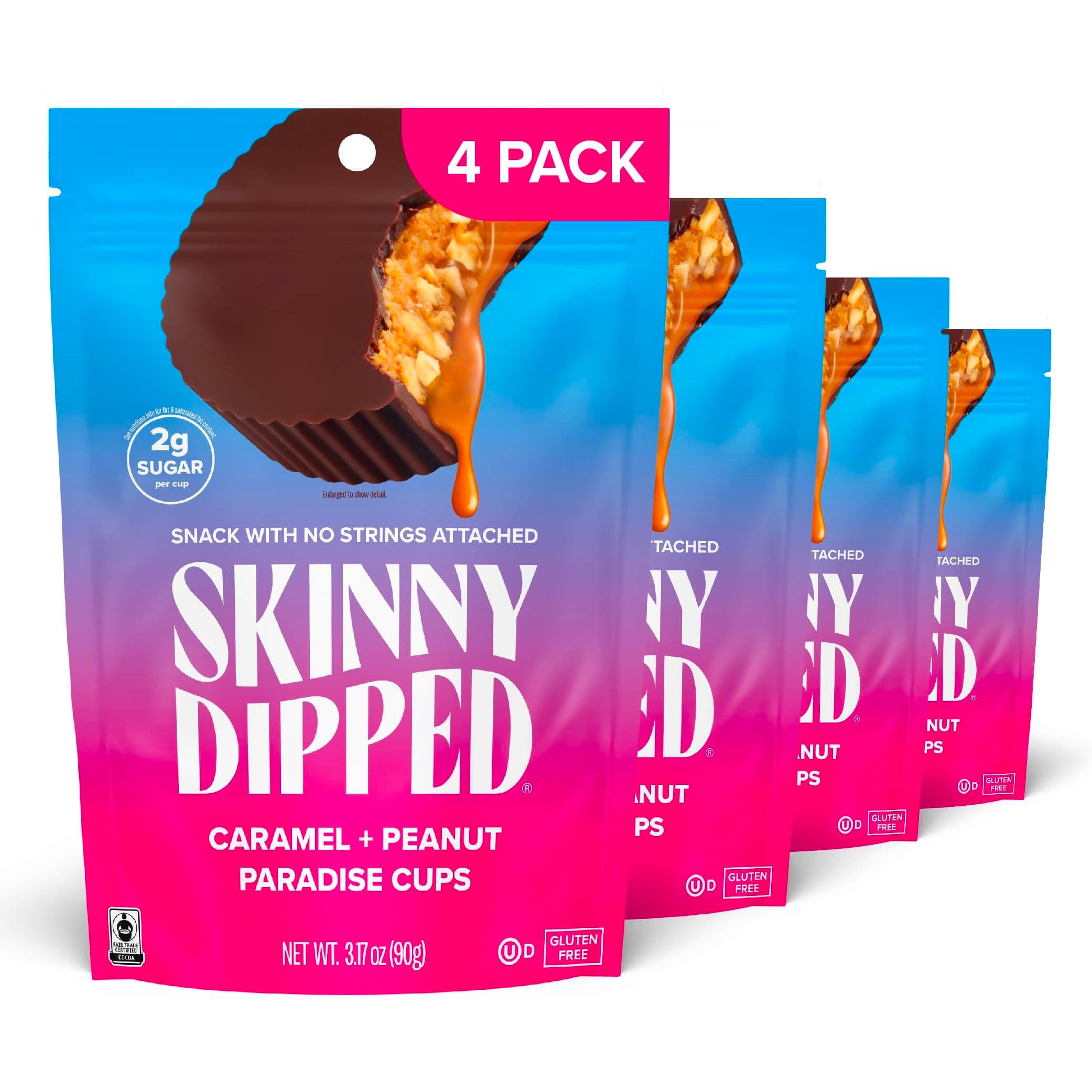 SkinnyDipped Caramel Peanut Paradise Cups, 2g Sugar per Cup, Gluten Free, Low Carb Snack, 3.2oz Resealable Bags, 6 Count (Pack of 4)