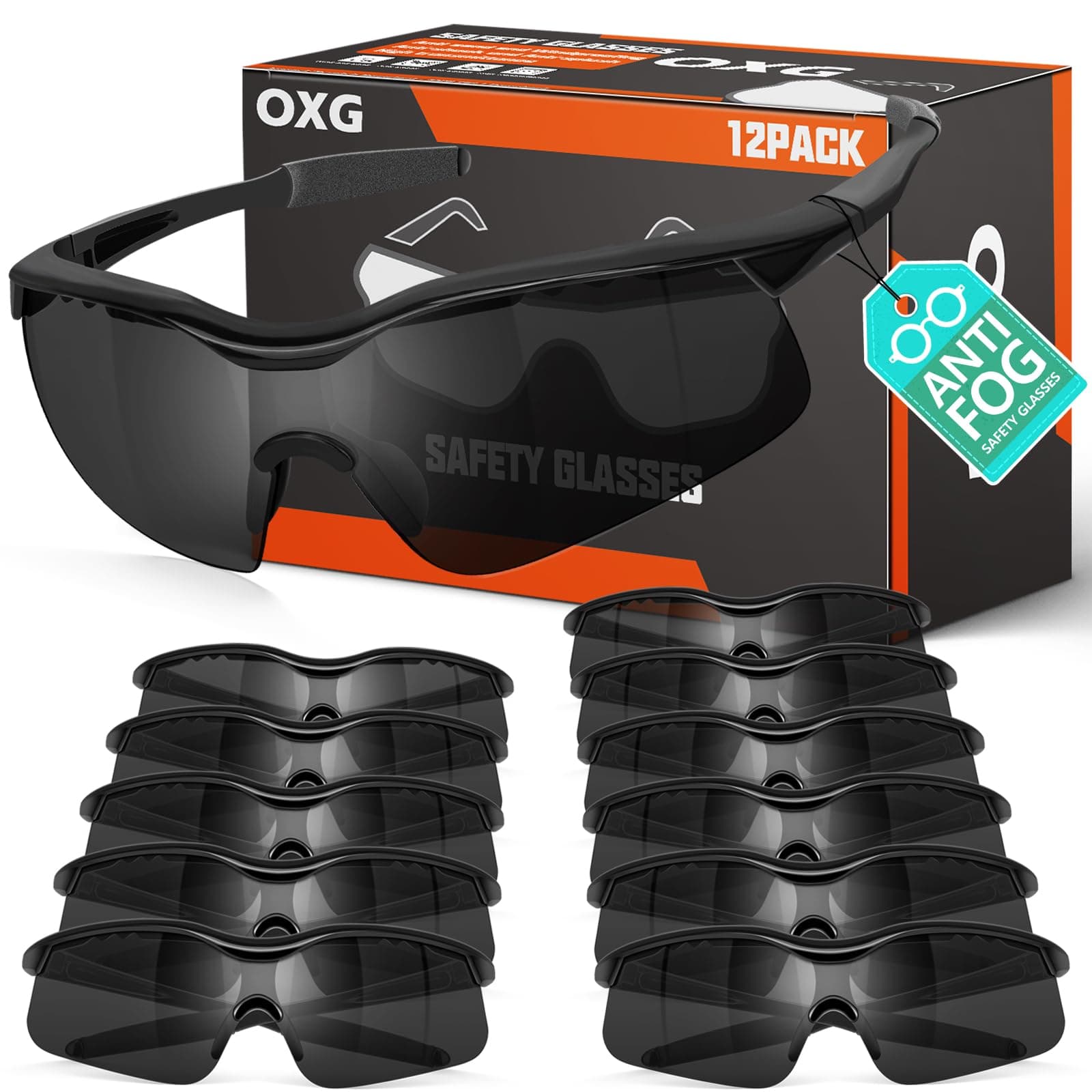 OXG 12 Pack Anti Fog Safety Glasses for Men, ANSI Z87.1 Safety Goggles Impact Scratch Resistant Eye Protection for Work