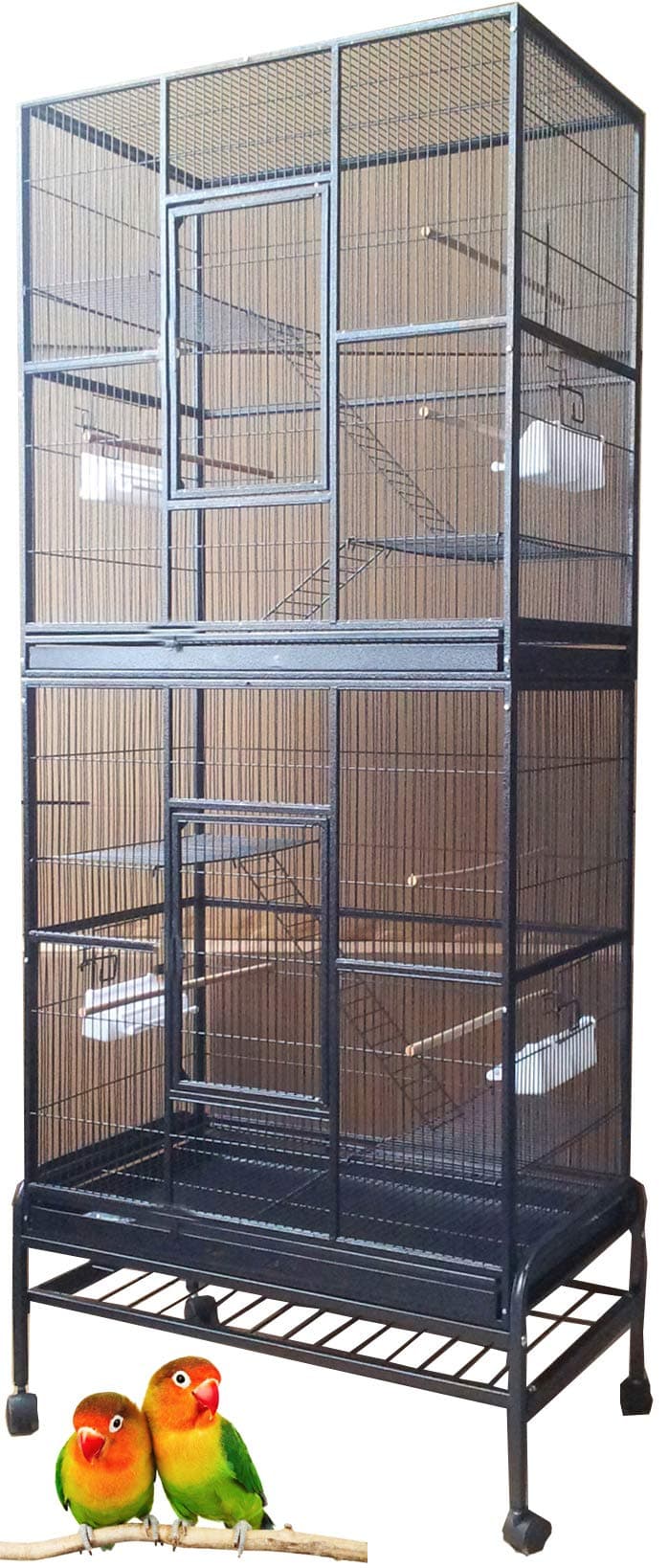 76" Extra Large Double Stackable Wrought Iron Breeding Bird Parrot Cockatiel Conure Breeder Flight Cage Double Feeder Cups Side Breeding Doors Eash Clean Pull Out Tray with Detachable Rolling Stand