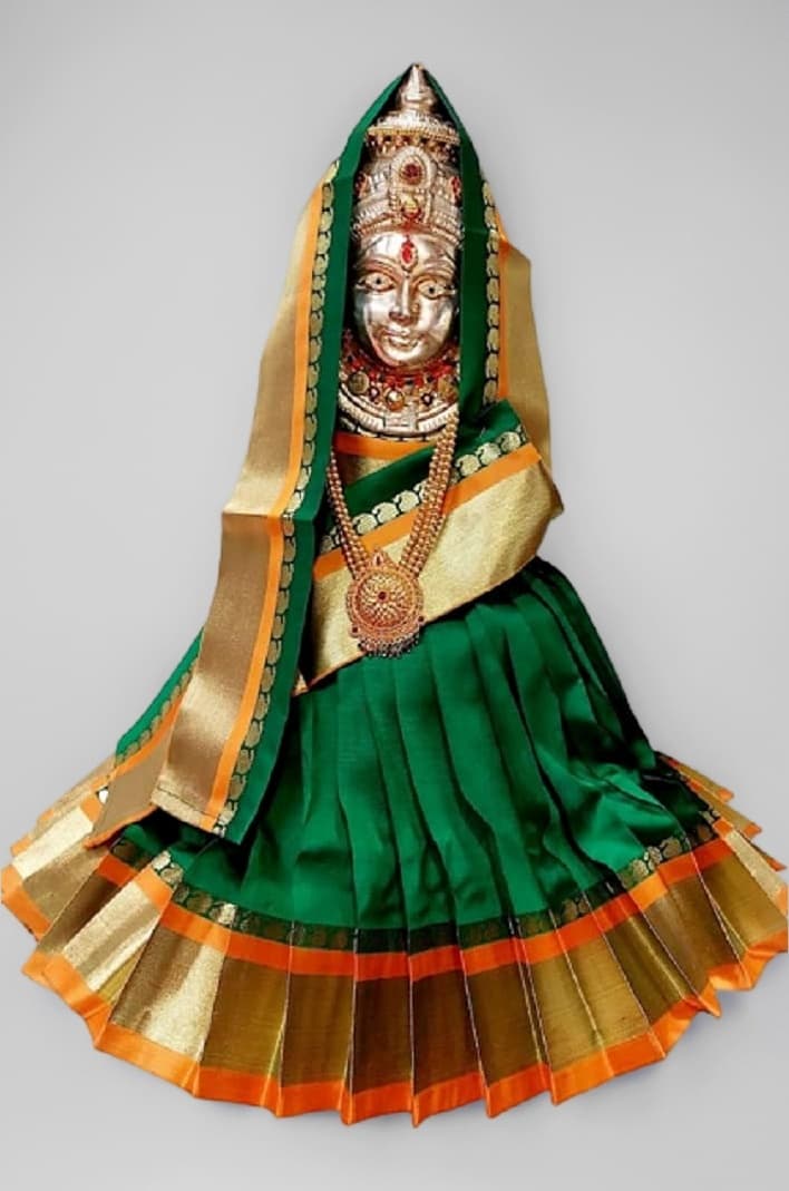 - Navaratri Goddess Kalash Silk Saree (Green), MataRani Poshak, Maa Laxmi, Durga, Saraswati, Radha Chunri Patka and Lehenga/Ghagra Dress, Margashirsha Devi Maa Accessories for Pooja