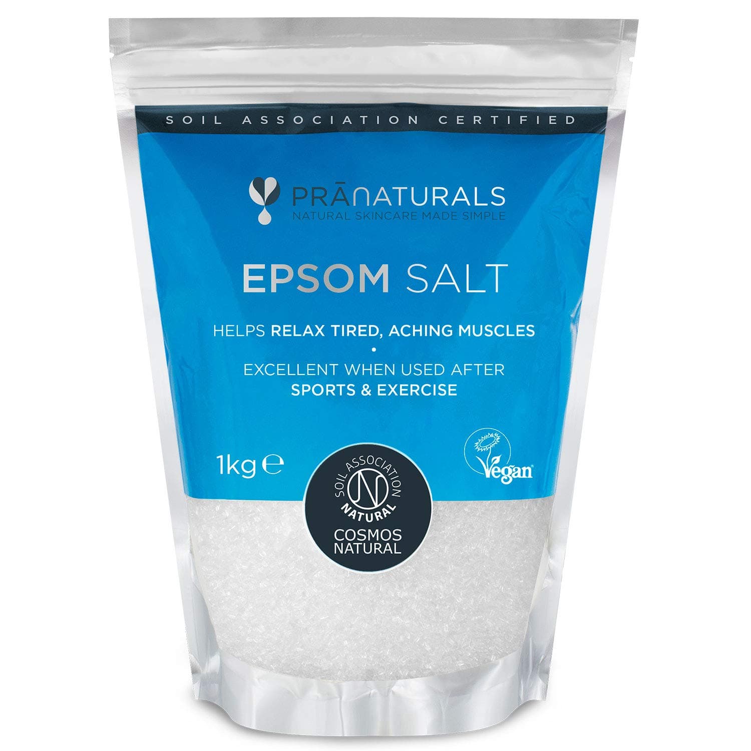 PraNaturals Epsom Salt 1KG, Bath Soak Natural Mineral-Rich, Magnesium, Sports, Exercise, Relieve Joint Pain, Muscle Sprains, Bruises - COSMOS Natural, Vegan and Soil Association Certified
