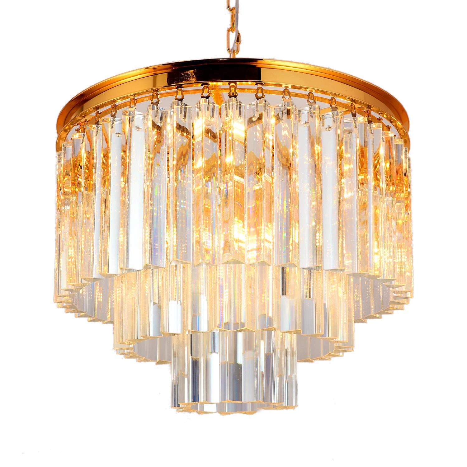 SUNWE Athrun 9 Light 3 Tier Clear Crystal Fringe Chandelier Light Fixture in Polished Brass Finish