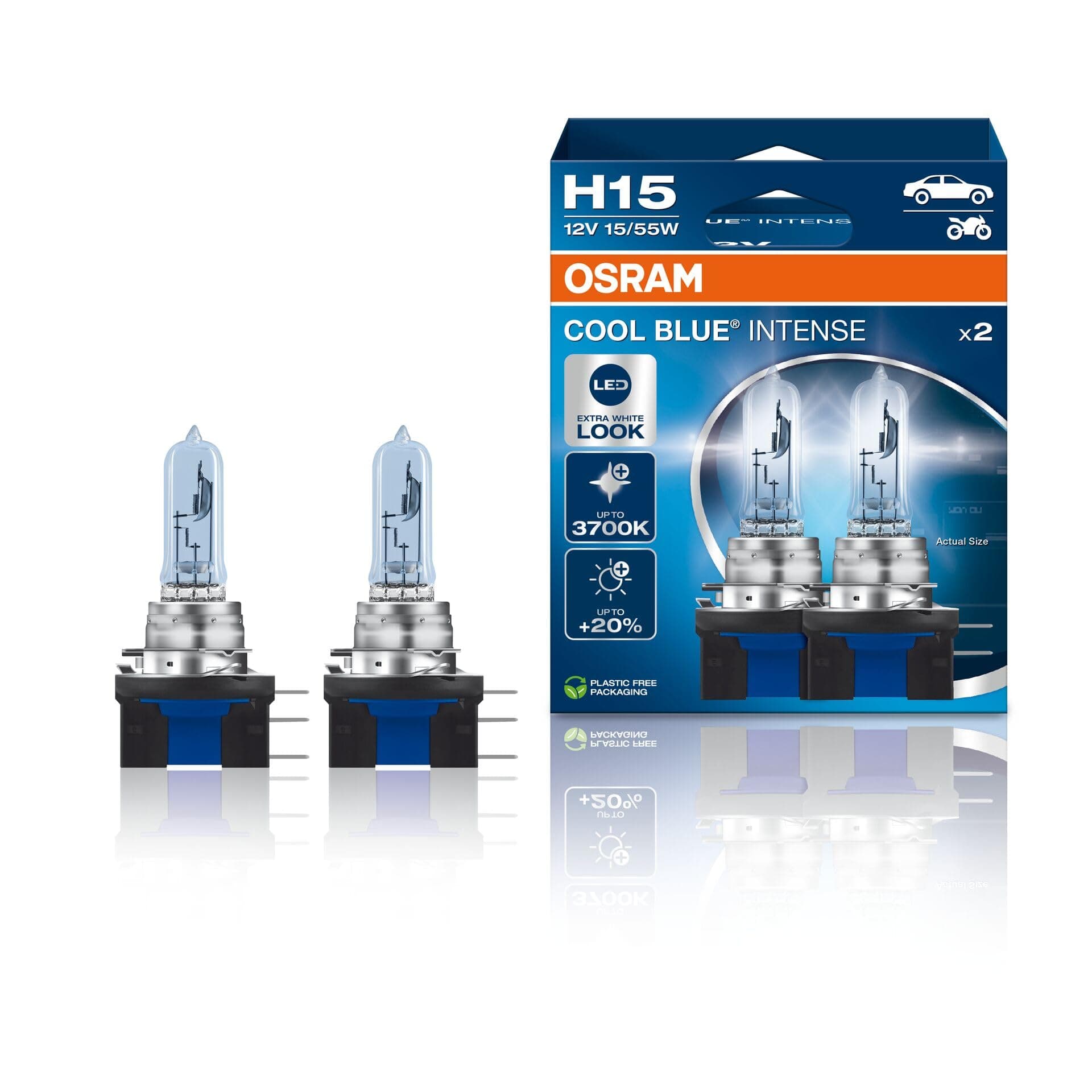 OSRAM COOL BLUE INTENSE H15, 20% more brightness, up to 3,700K, halogen headlight lamp, LED look, duo box (2 lamps) 64176CBN-HCB [Energy Class A]