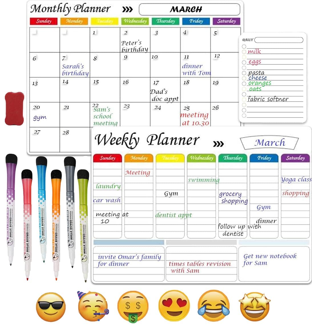 Magnetic Whiteboard Calendar Planner Set, 3 Pcs Magnetic Calendar, Planning Board for Home and Office, Monthly Weekly Organizer, Daily Notepad, Kitchen Fridge Planners, Wall Family Calendar.