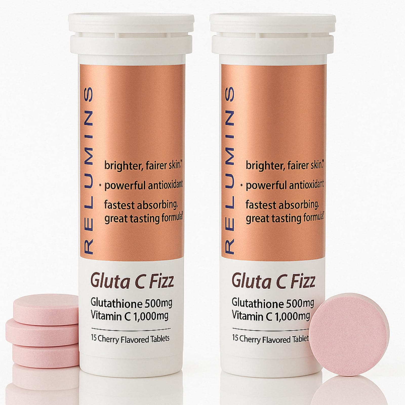 Gluta C Fizz - High Dose, Fast Absorption 500mg Glutathione & 1000mg Vitamin C - Cherry Flavored Effervescent Tablets | Detox, Collagen Boost | for Glowing, Rejuvenated Skin - 15 Tablets x 2