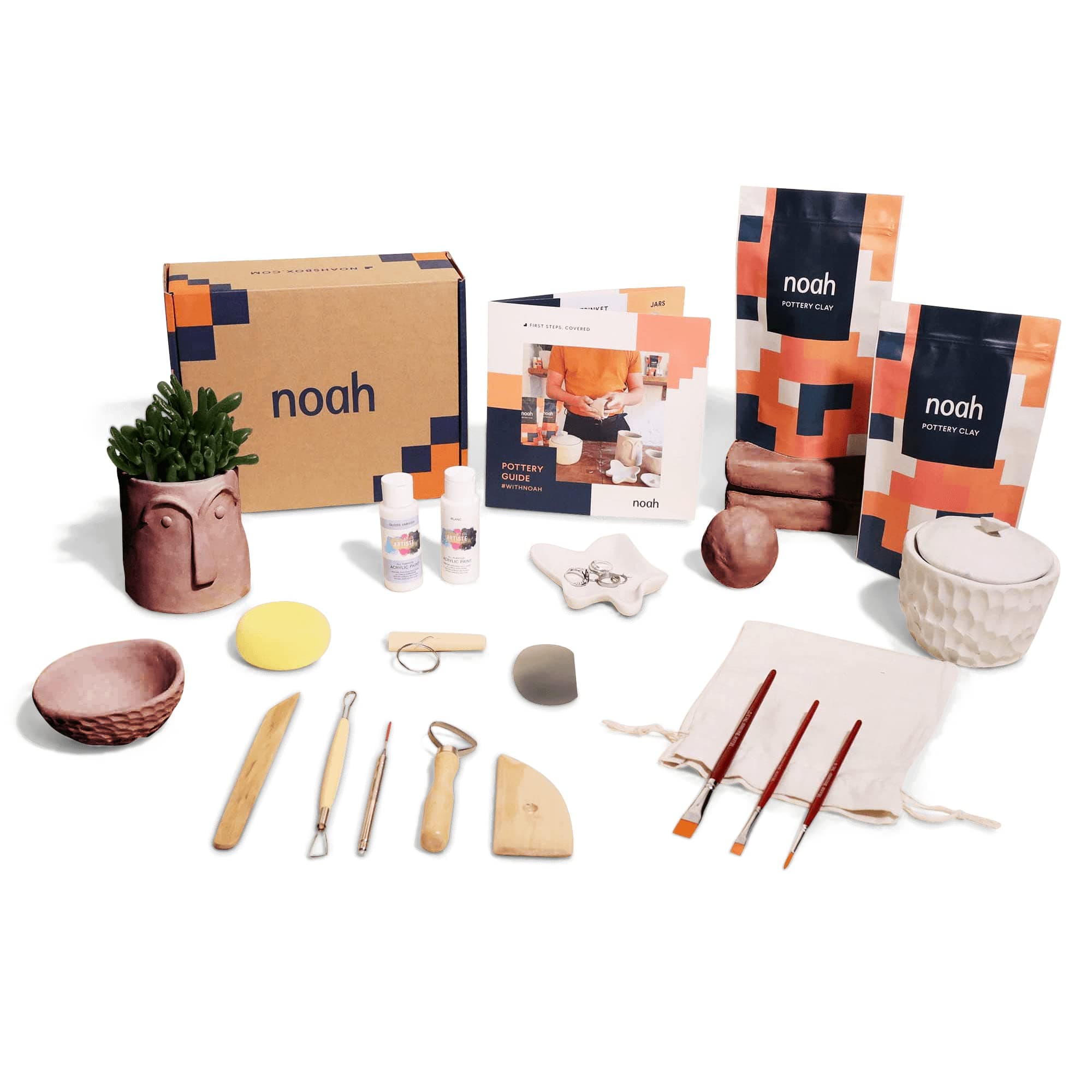 noah Pottery Kit for Beginners - Includes Air Dry Clay, Tool Kit, Acrylic Paints - Craft Set (Terracotta Clay/White Paint)