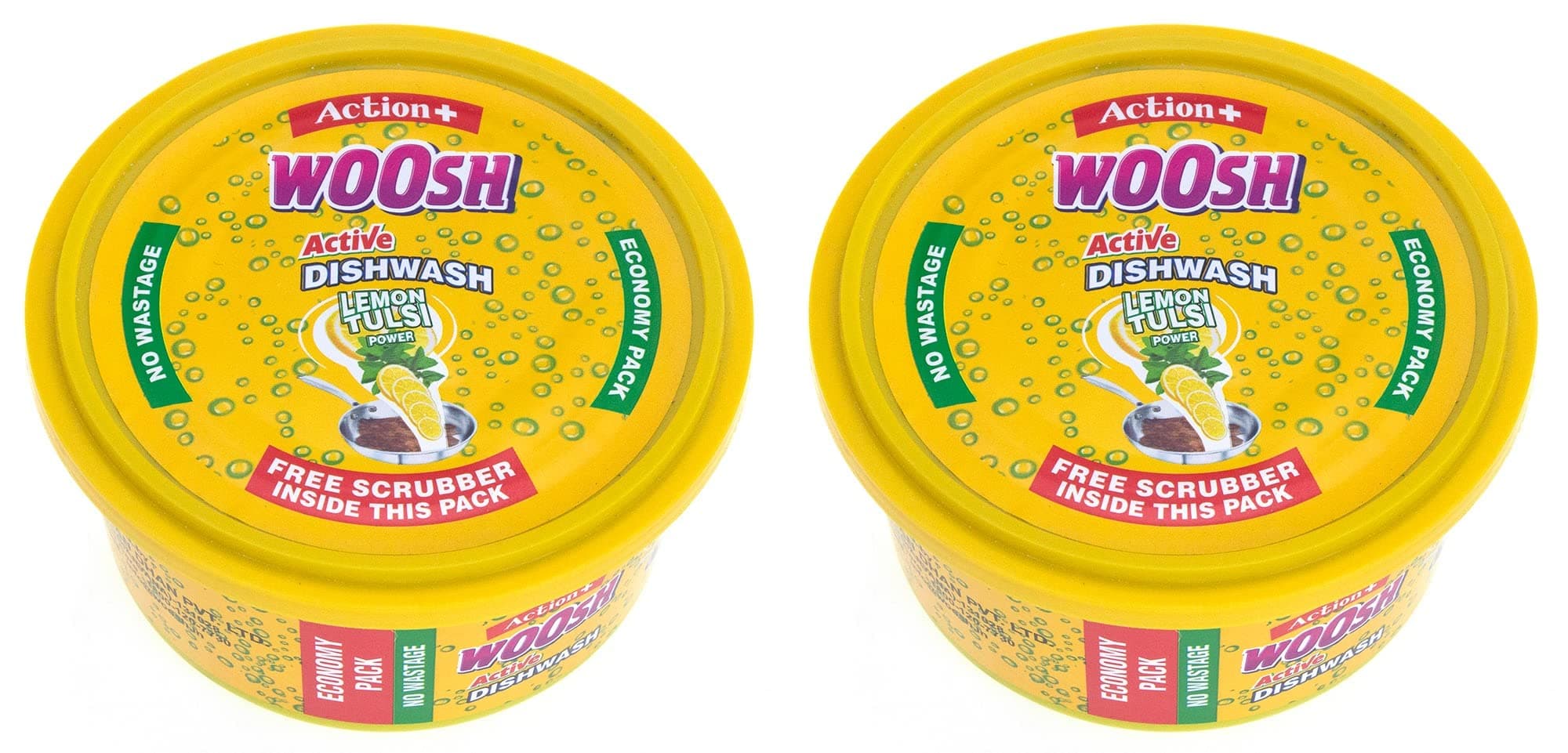 WOOSH Action + Dish wash Lemon Tulsi Power Bar Tub with Free Scrubber 400 gm (Pack of 2)