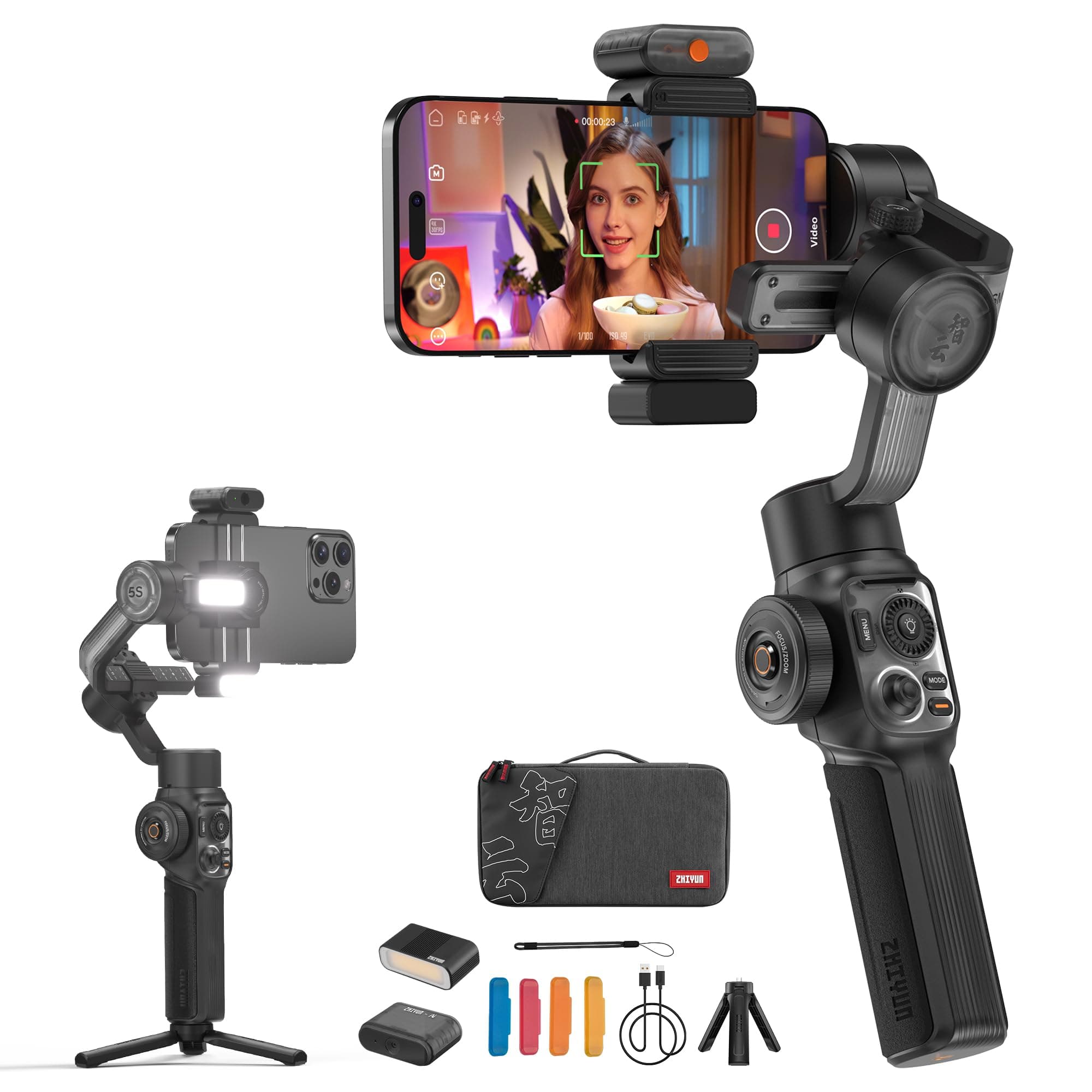 ZHIYUN Smooth 5S AI Pro Gimbal Stabilizer for Smartphone 3-Axis Phone Gimbal with AI Tracker, Magnetic/Built-in Fill Light, Storage Bag, iPhone Stabilizer for Video Recording Filming Vlogging