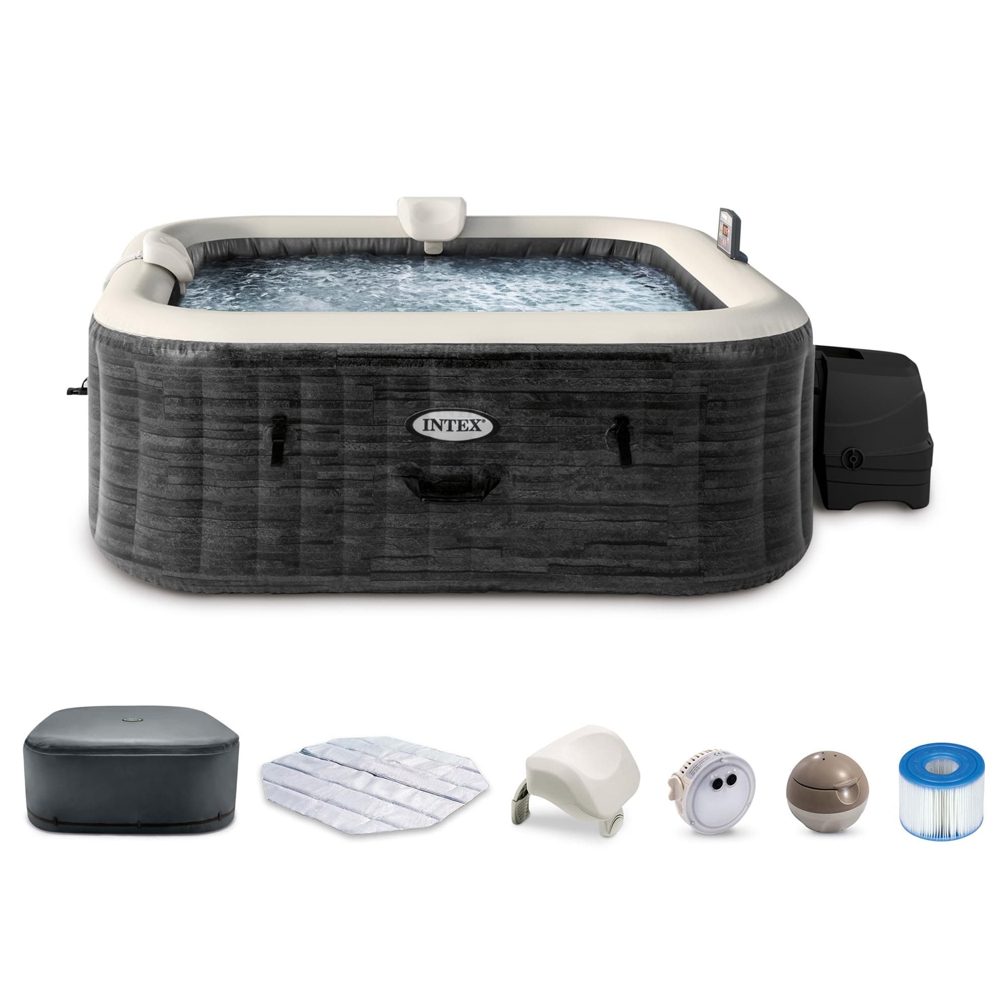 PureSpa Greystone Deluxe 6 Person Square Inflatable Hot Tub, Bubble Massage Spa Set with Energy Efficient Cover, 2 Headrests, & LED Light, 77 in x 28 in