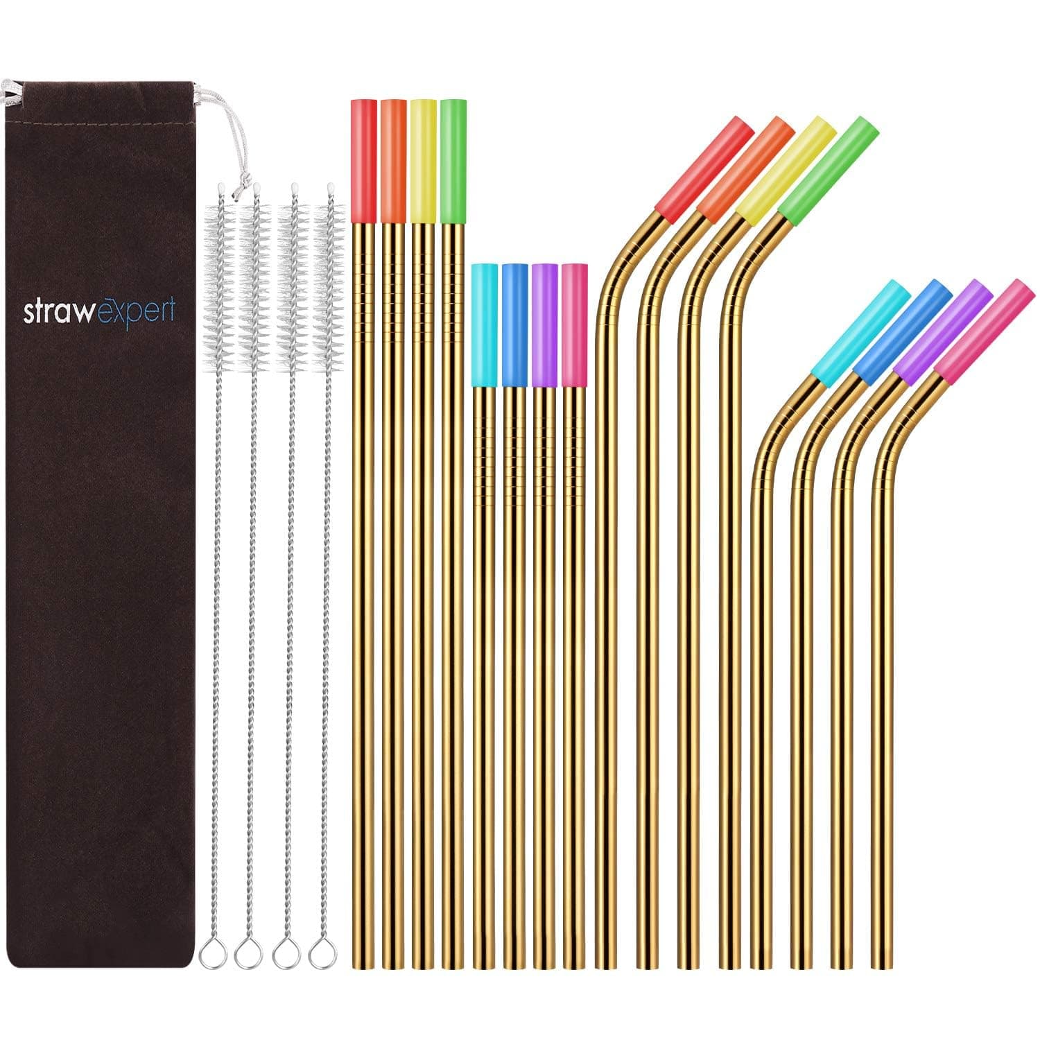 StrawExpert 16 Pack Gold Reusable Metal Straws with Silicone Tip & Travel Case & Cleaning Brush,Long Stainless Steel Straws Drinking Straw for 20 and 30 oz Tumbler