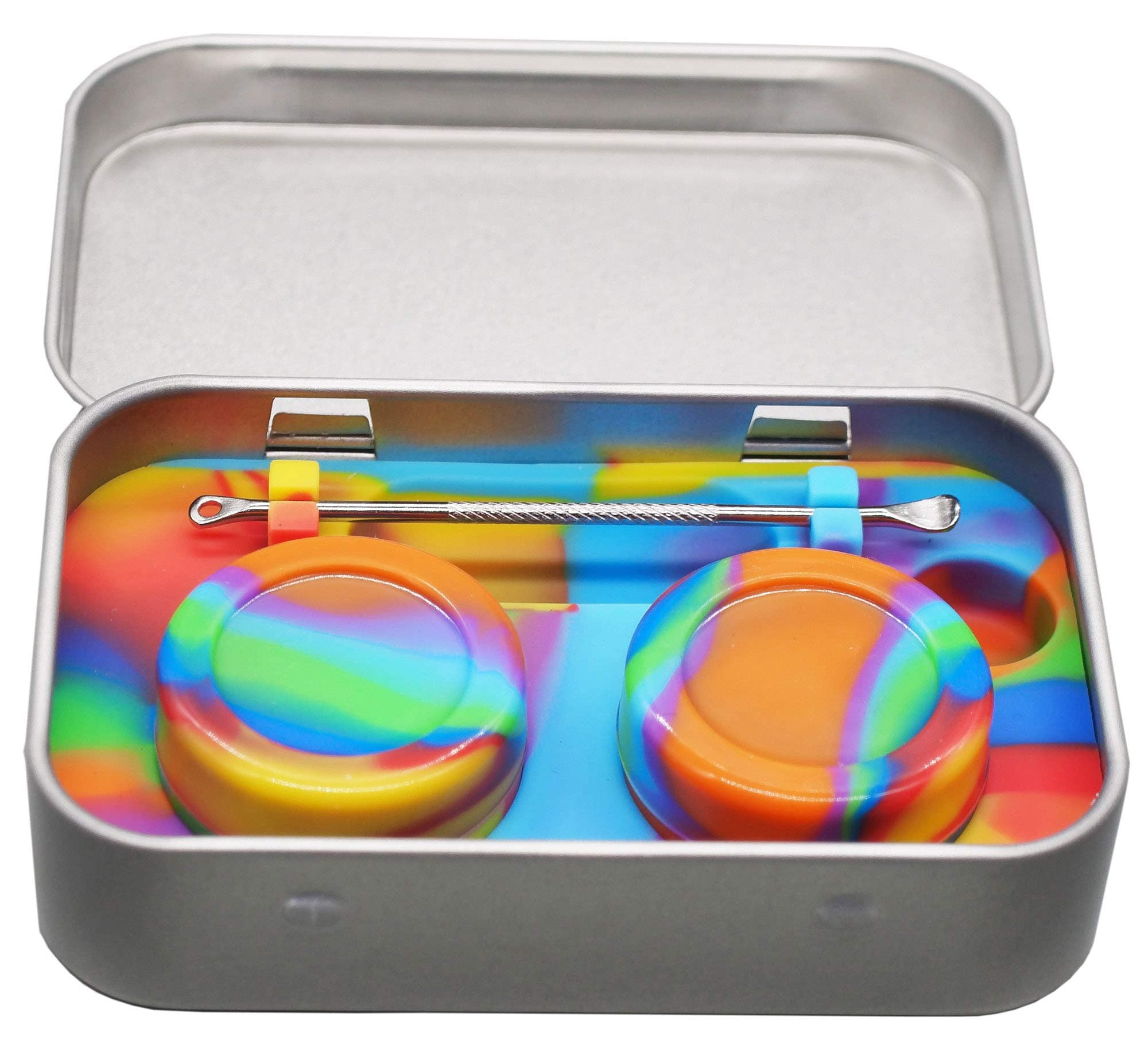 Portable Silicone Carving Travel Tin Kit with Non-stick 5ml Concentrate Containers (Rainbow)