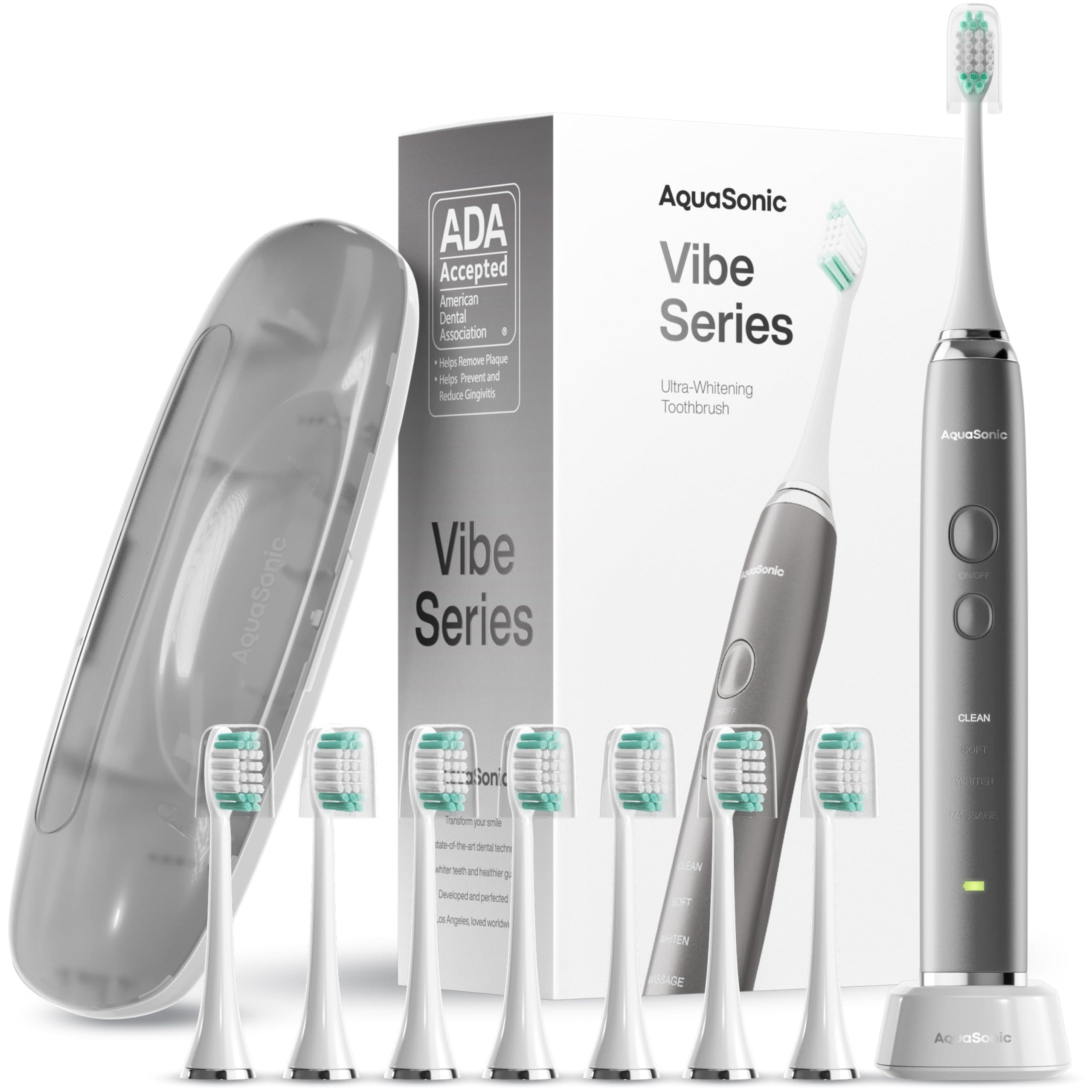 Aquasonic Vibe Series Ultra Whitening Toothbrush ADA Accepted Electric Toothbrush - 8 Brush Heads & Travel Case - Ultra Sonic Motor & Wireless Charging - 4 Modes w Smart Timer Charcoal Metallic