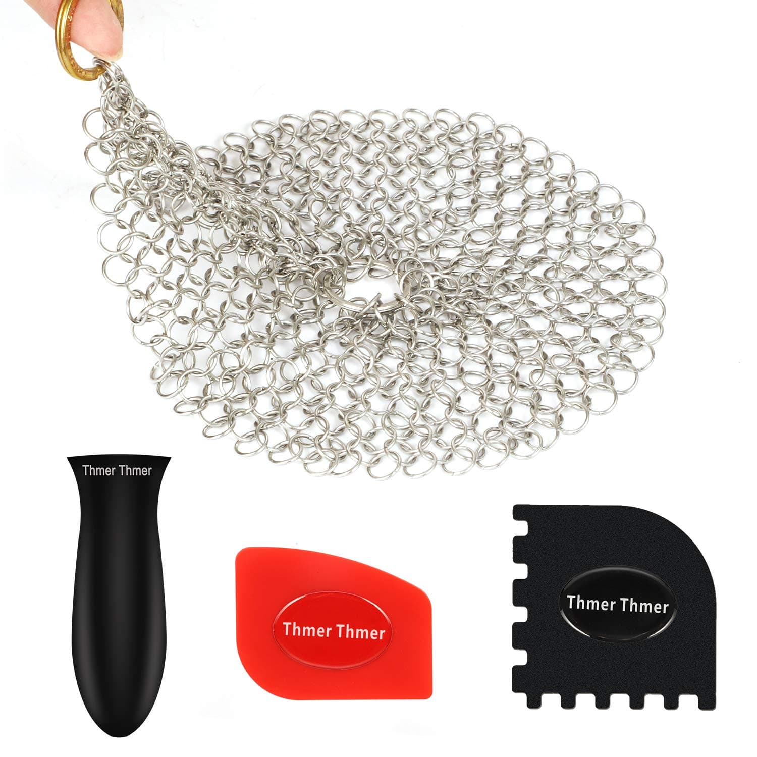 Cast Iron Skillet Cleaner, Cast Iron Chainmail Scrubber Stainless Steel Cookware Scrubber with Hot Handle Holder 2 Pan Scrapers for Skillet Grill Pan Pot Wok Griddle 7 inches Round