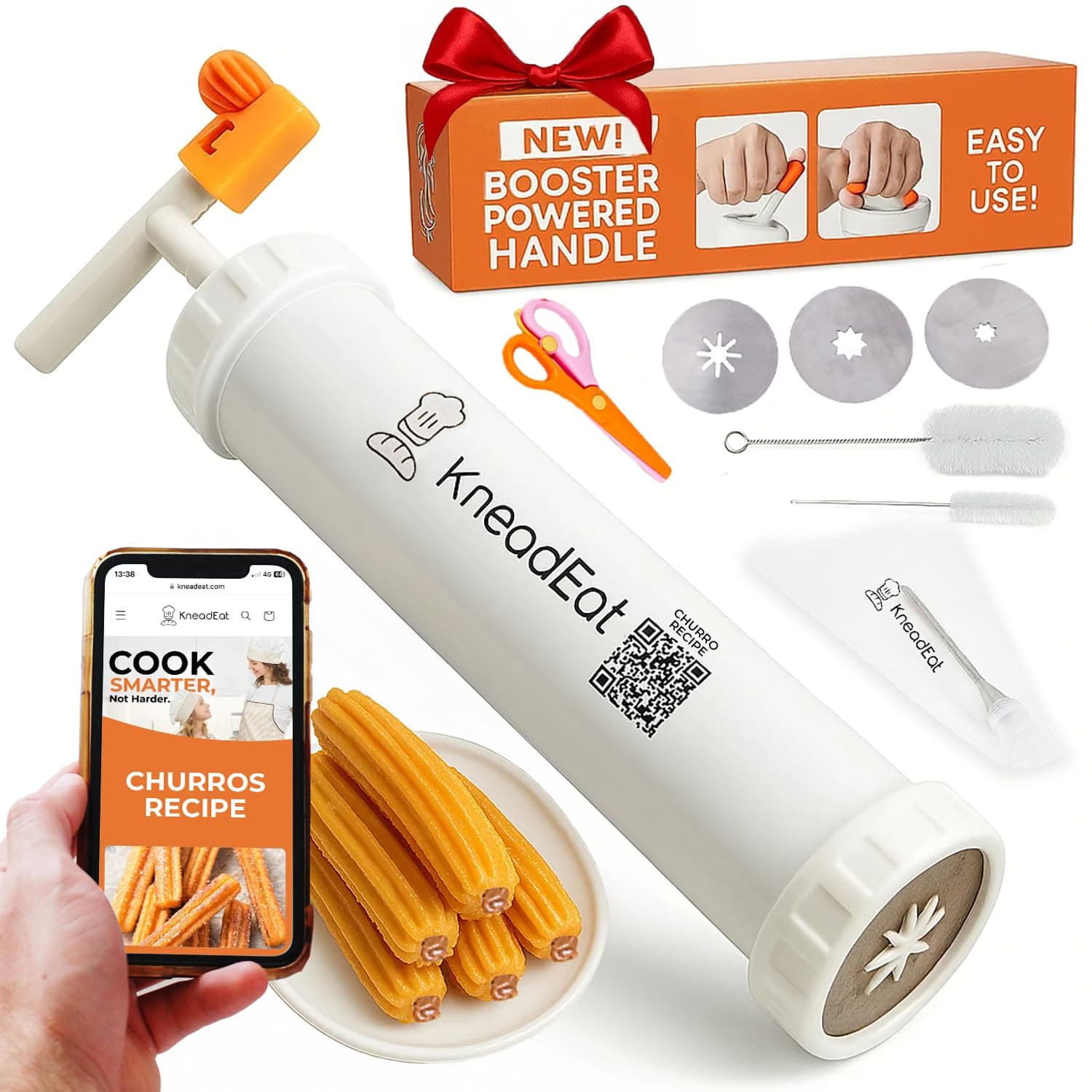Churro Maker Kit with Booster Handle, Chulera Pastry Bag with Churro Filler and Scissors, Easy QR Recipes, Make Churros at Home, KneadEat Cookie Churro Maker (3 Nozzles)