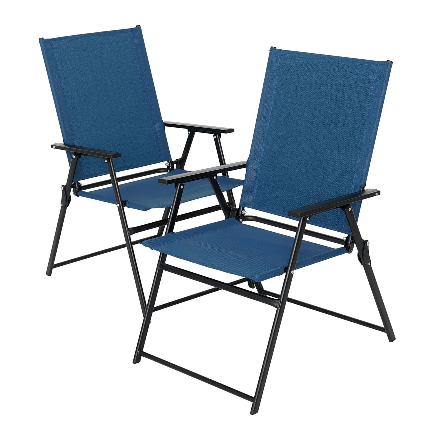 2 Pcs Folding Patio Chairs, Outdoor Dining Chairs with Blue Sling High Back and Armrests Used for Camping Garden Backyard Pool Porch