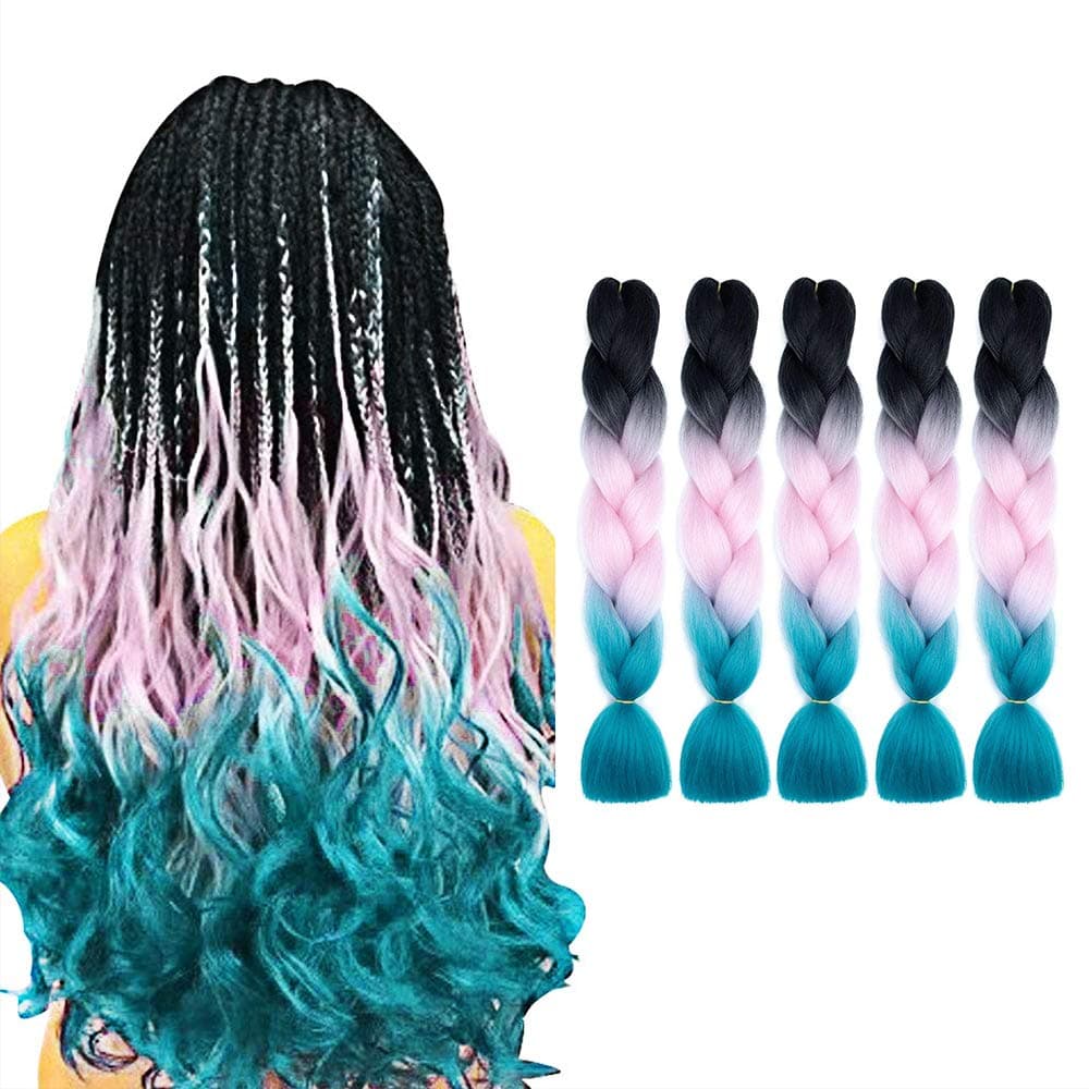 5Pcs Synthetic Braiding Hair Extensions 24 Inch Ombre Jumbo Twist Braids Black Pink Lake Blue 5pcs