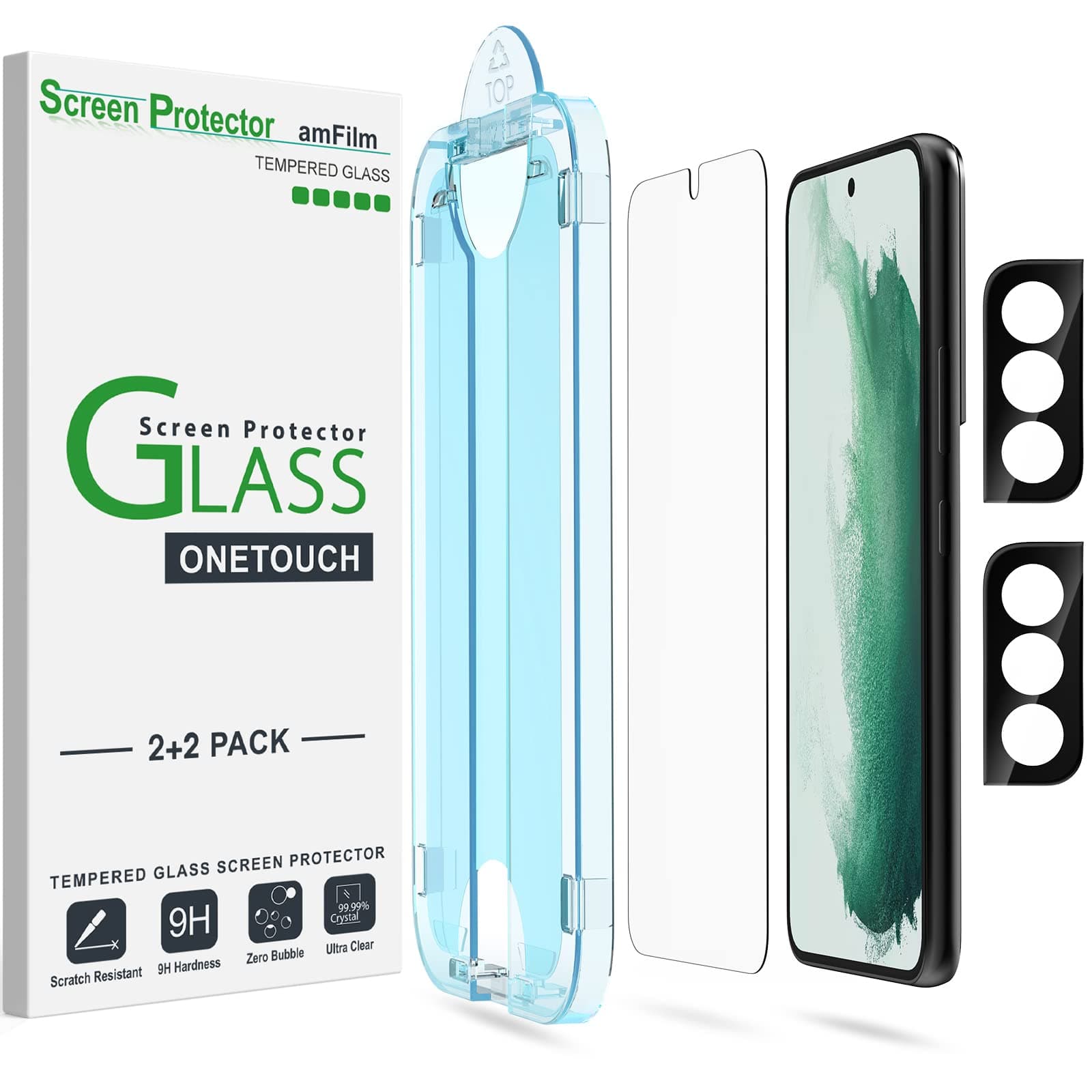 amFilm 2 Pack OneTouch Tempered Glass Screen Protector for Samsung Galaxy S22 5G [6.2 Inch] with 2 Pack Camera Lens Protector [9H Hardness] Easy to Installation and Bubbles Free.