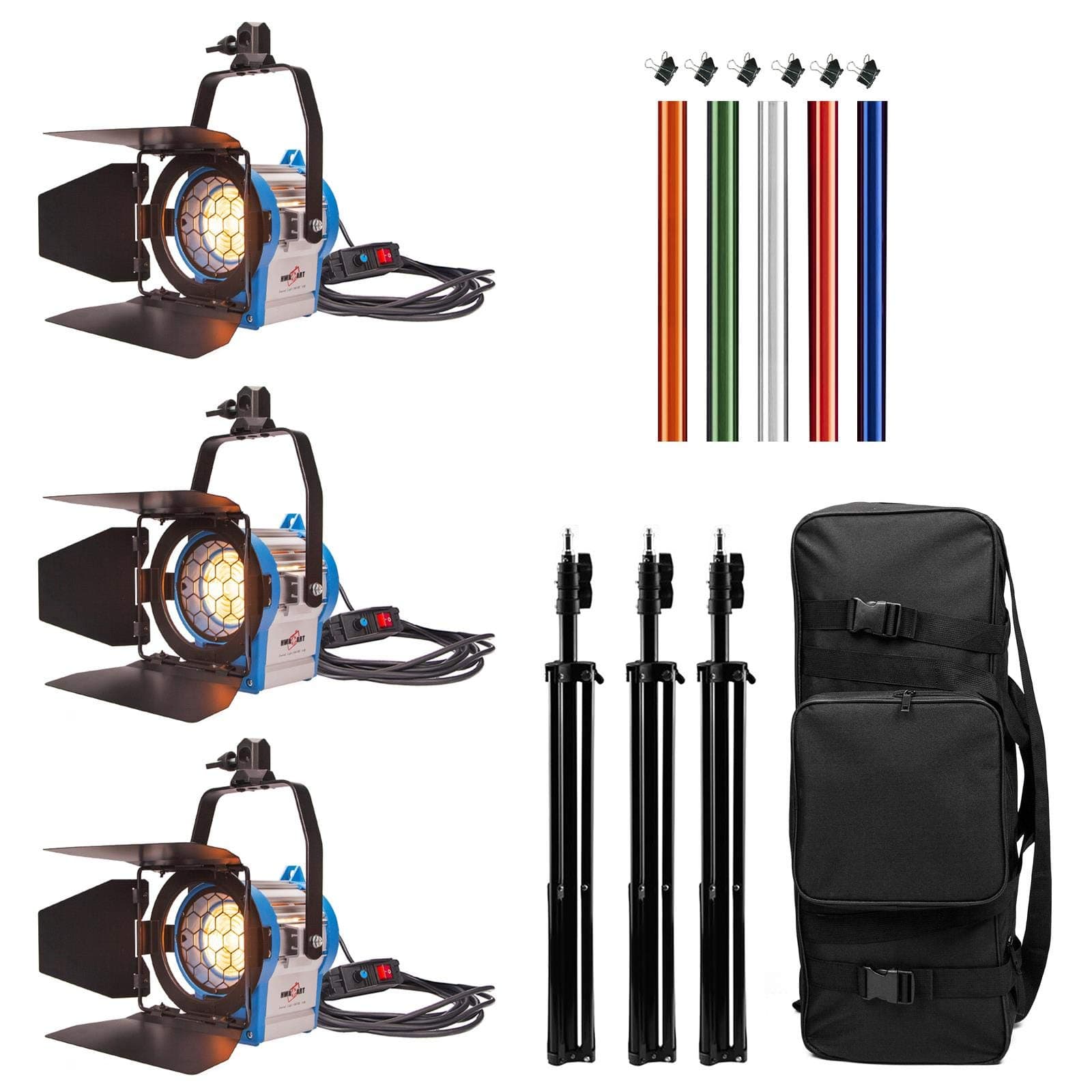 3 × 300W/ 500W Movie Fresnel Tungsten Spotlight Lighting Dimmer Video Lighting Kit with Padded Bag Light Stand Gels, for Professional Photography YouTube Product Photography Microfilm Shooting