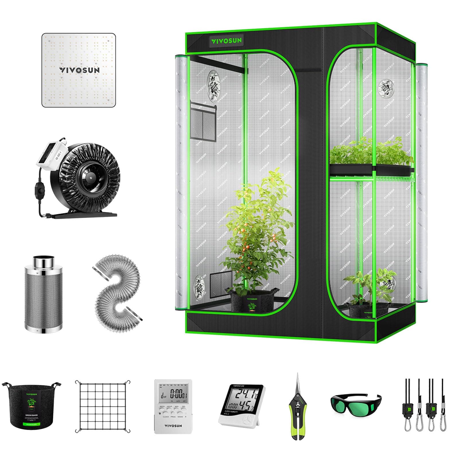VIVOSUN - 2 in 1 Grow Tent 48" x 36" x 72" LED Light VS1000 Inline Fan Carbon Filter 6" Inline Fan Combination 203 CFM