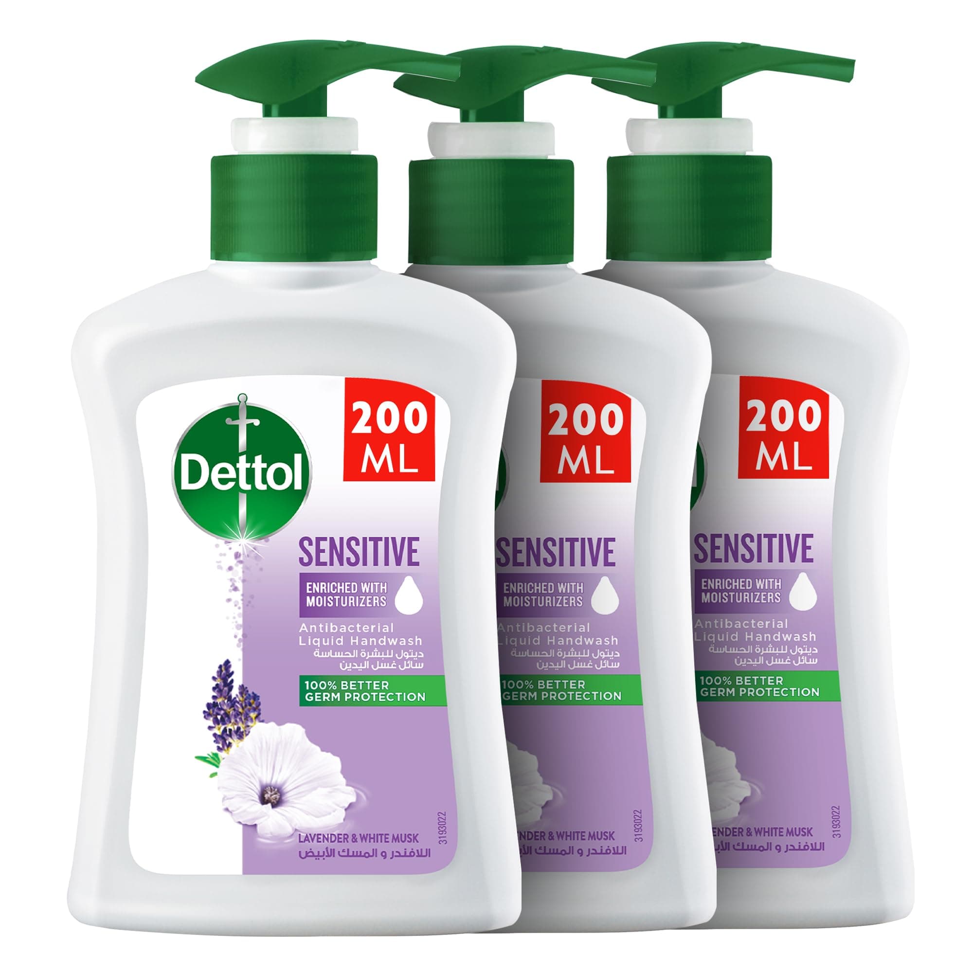 Sensitive Liquid Handwash Pump, Lavender & White Musk Scent, 200ml x 3