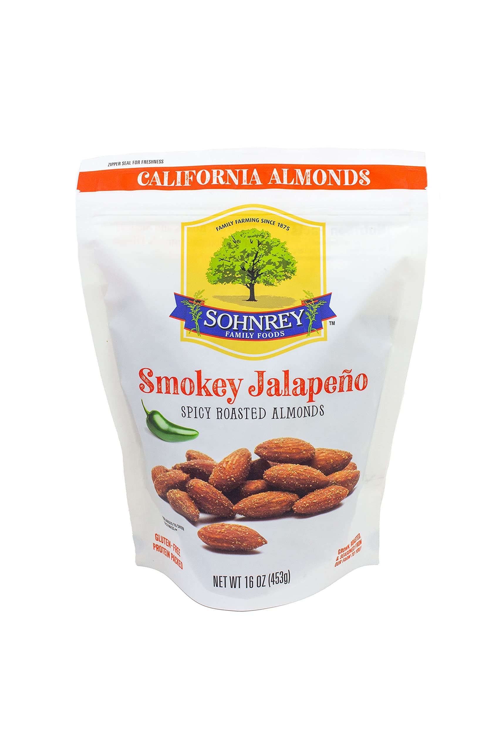 Smokey Jalapeno Spicy Almonds Bold Roasted Seasoned Snack Nuts from Sohnrey Family Foods 16 oz Single Bag