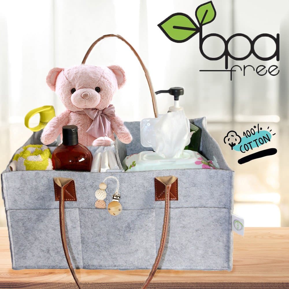 Organic Baby Diaper Caddy Organizer and Nursery Station | Baby Changing Table Organizer | with Leather Handles Large Tote | for Toys , Wipes , Creams | 2018 Trend Baby Shower Registry Gift Idea