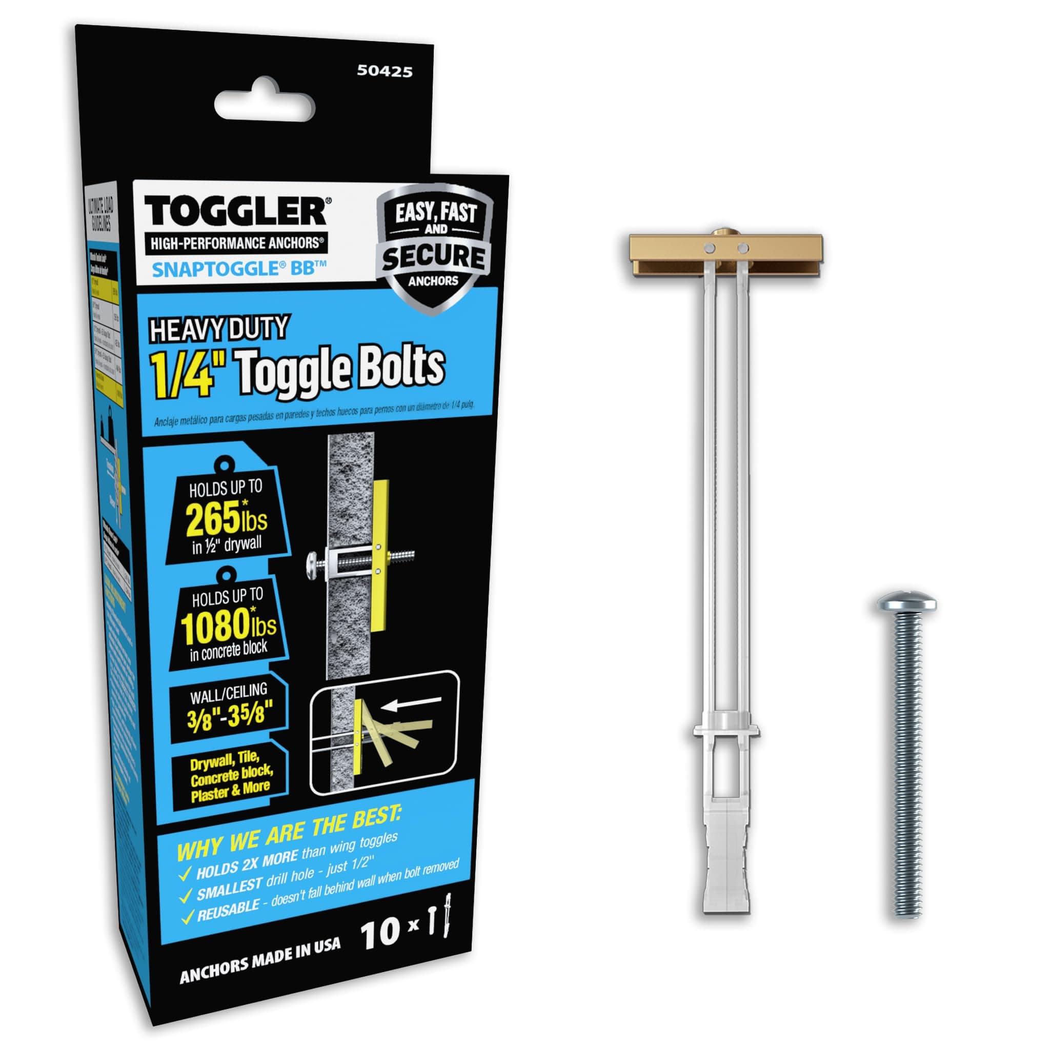 TOGGLER SNAPTOGGLE BB Toggle Anchor with Bolts, Zinc-Plated Steel Channel, Made in US, 3/8 to 3-5/8 Grip Range, For 1/4-20 UNC Fastener Size (Pack of 10) by TOGGLER